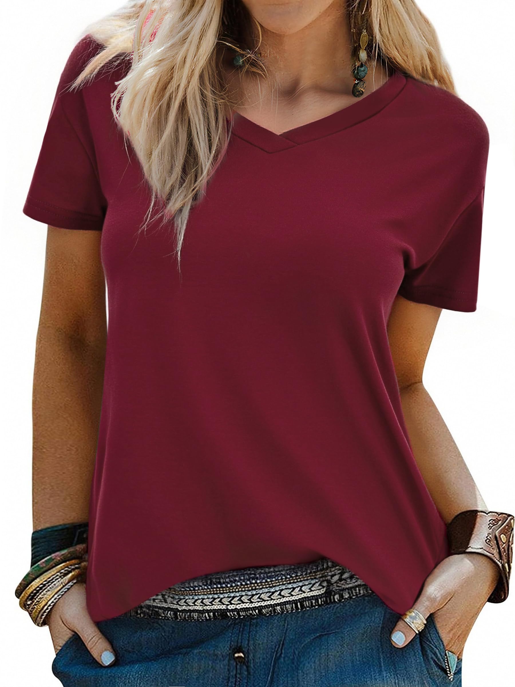Wayleb T Shirt Damen V Ausschnitt Kurzarm Locker Sommer | Lässige Passform, Basic Stil, Vielseitig Kombinierbar, Frühling Sommer Herbst, Büro, Reise, Freizeit und Alltag