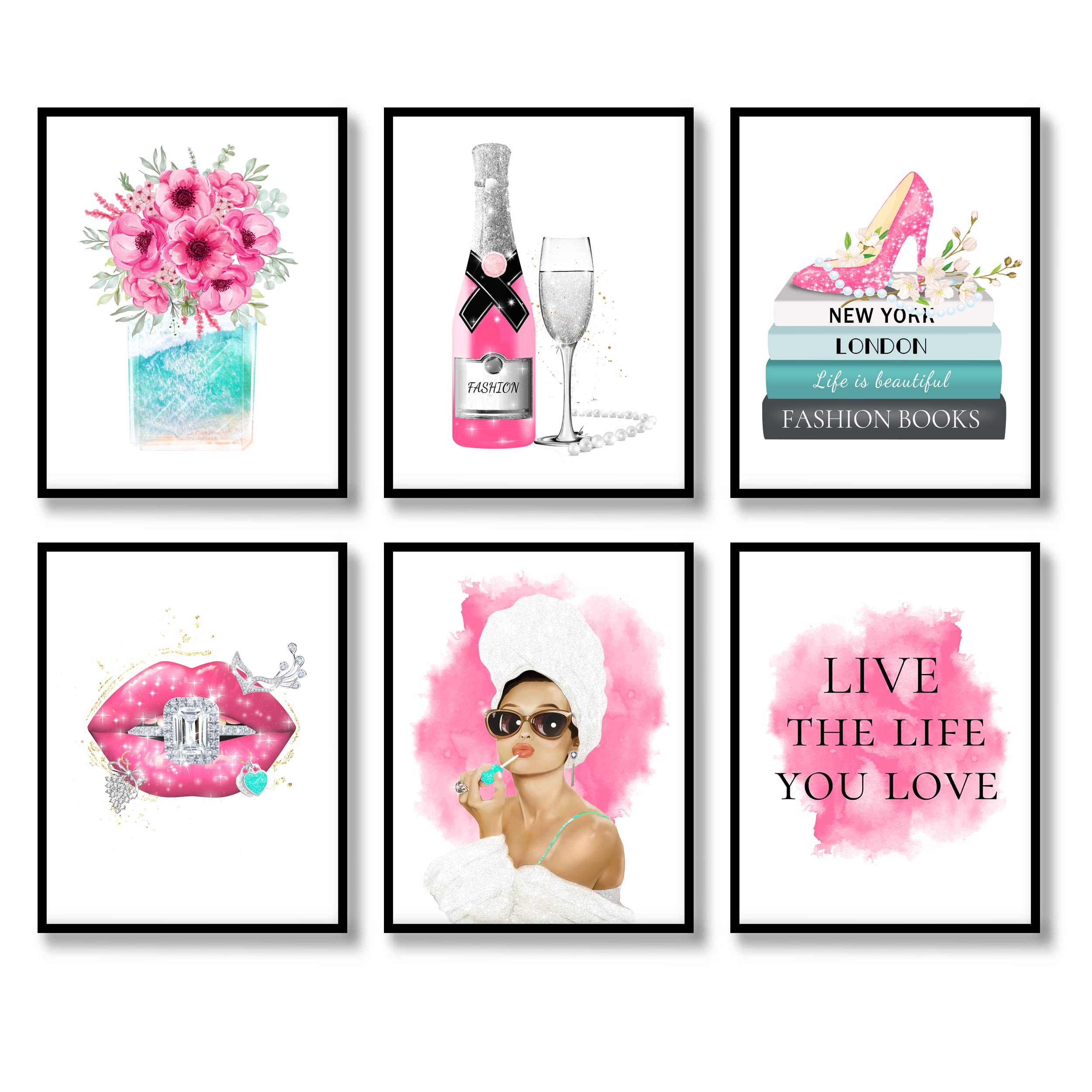 Fashion Wall Art Prints Set of 6 Canvas Modern Famous Women Posters Fashion Wall Decor Champagne Lips Books High Heels Perfume Pictures Photos for Room (8"x10" UNFRAMED)