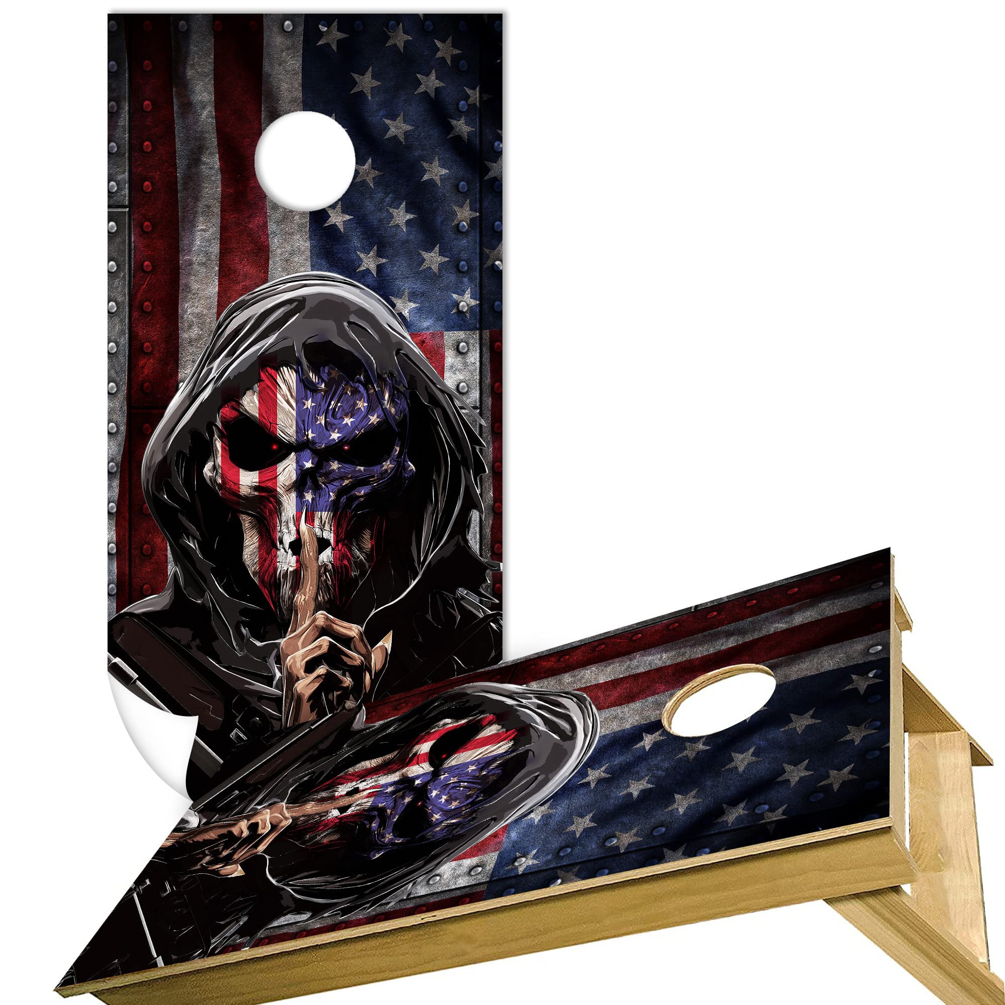 Cornhole Board Wraps (2 Pack) American Flag Vinyl Tournament Corn Hole Bean Bag Toss Sticker,24x48''(Skull)