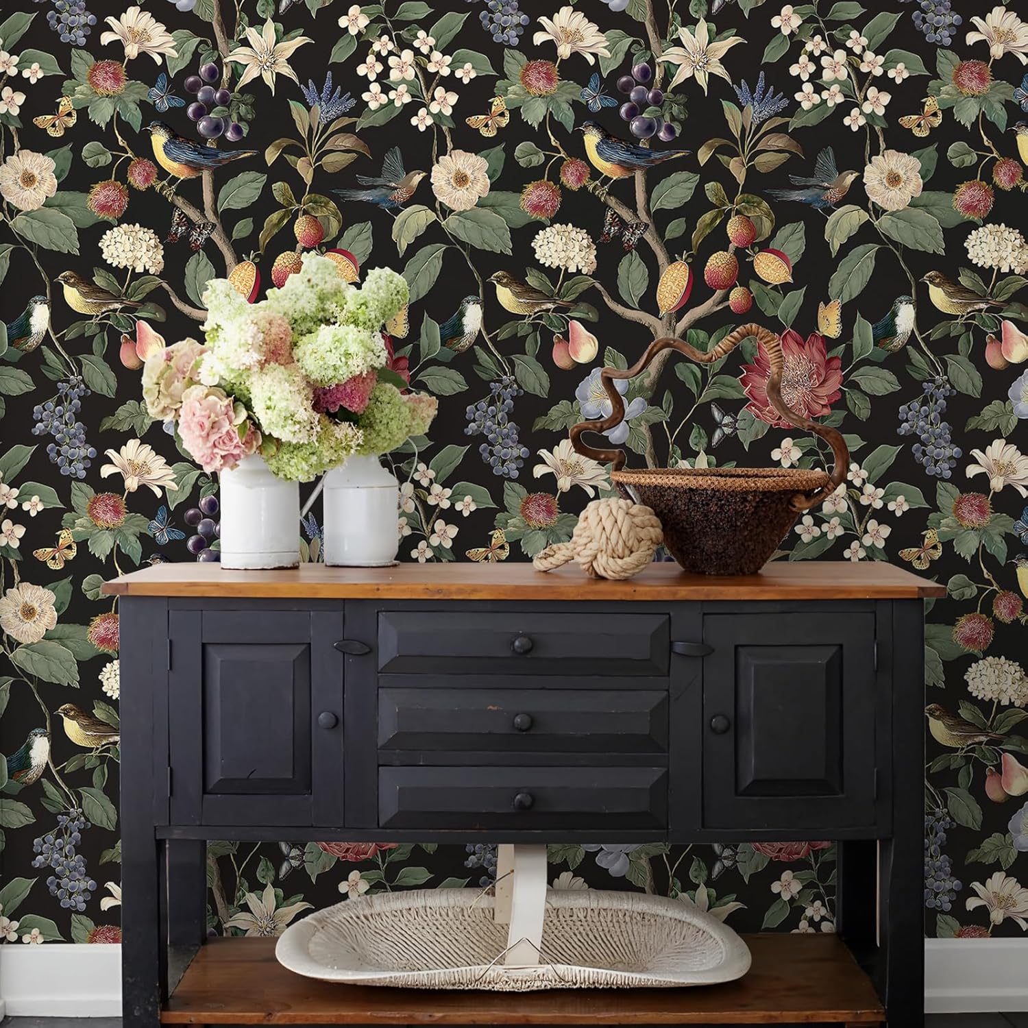 VEELIKE Vintage Fruits and Birds Wallpaper Peel and Stick Dark Floral Wallpaper for Bedroom Bathroom 17.7''x118'' Self Adhesive Removable Botanical Bird Wall Mural Floral Contact Paper for Cabinets