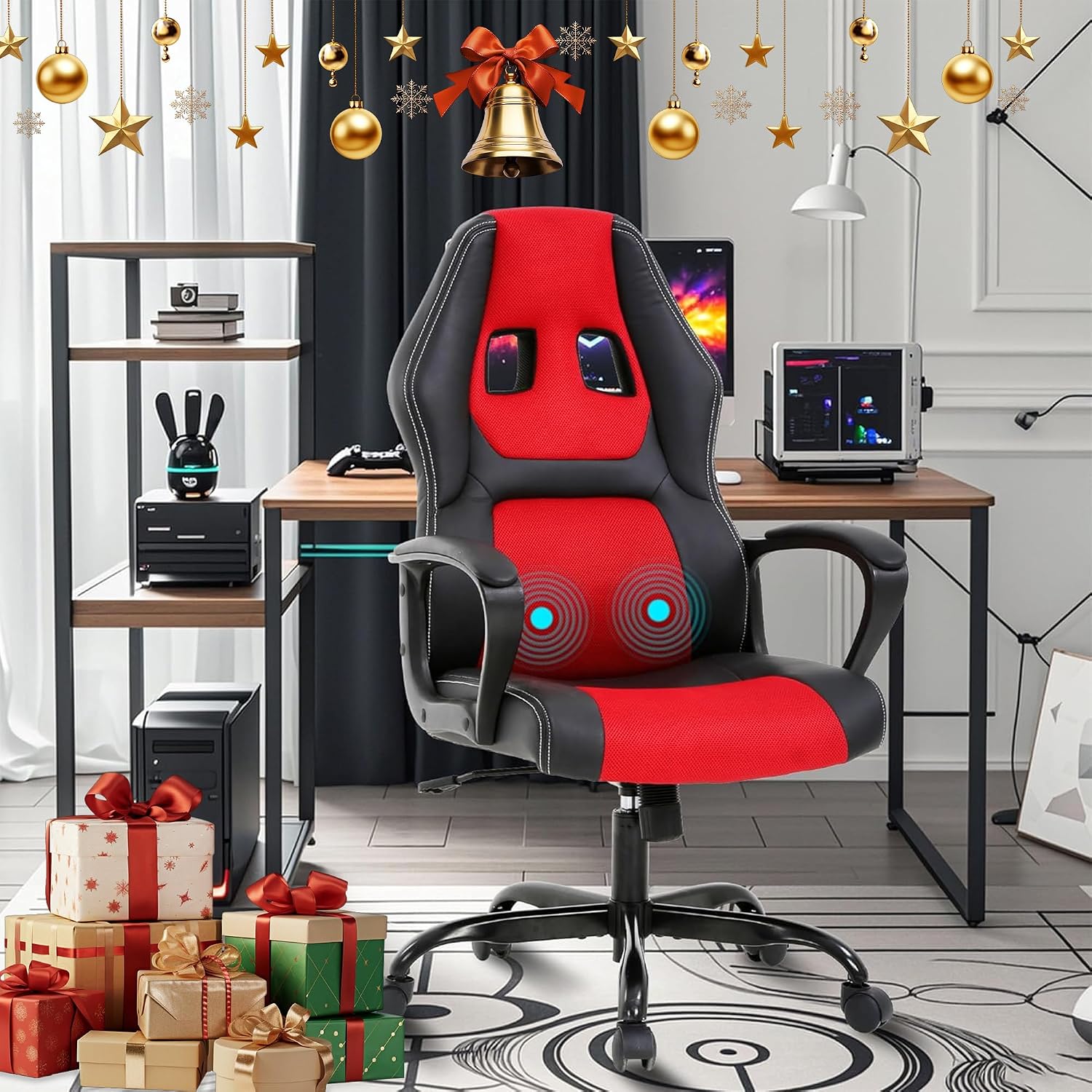Ergonomic Gaming Chair - Mid-Back PU Leather Swivel Chair with Lumbar Support & Headrest, Armrests, 360° Rolling Base Desk Chair for PC/Office (250lbs) -Black