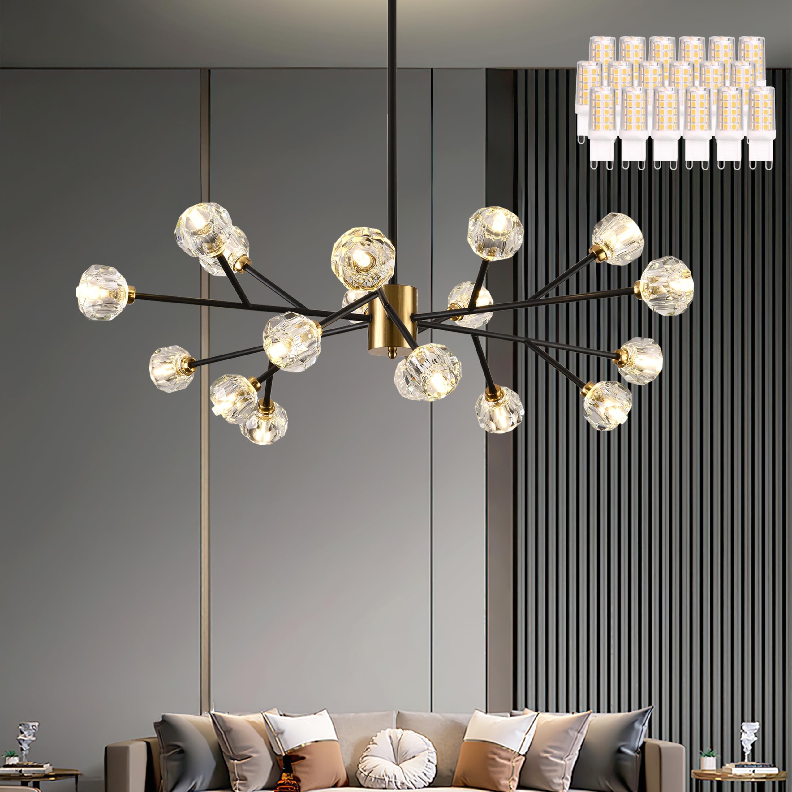 KoKo&Yukina 18-Lights Sputnik Chandeliers Mid Century 40" Modern Black and Gold Chandelier Sputnik Light Fixture Crystal Branch Chandelier for Dining Room Living Room (18 x Warm White Bulb Incl.)