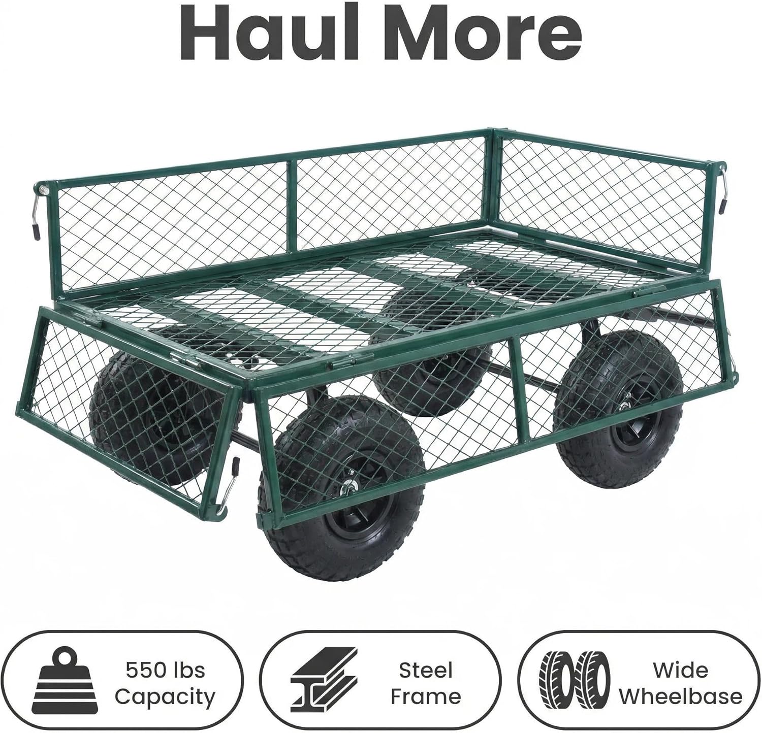 Heavy Duty Steel Garden Mesh Cart, 550 Lbs Capacity Utility Wagon with Removable Sides, 10 Inch Pneumatic Tires for Outdoor Landscape Material Handling, Green