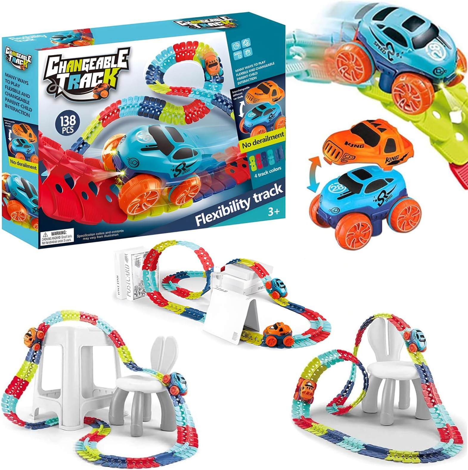 AM ANNA Race Tracks and LED Electric Anti-Gravity Race Car Toy-138Pcs Bendable Rainbow Race Track Set STEM Building Toys for 3 4 5 6 Year Old Boys Girls Best Car Toys