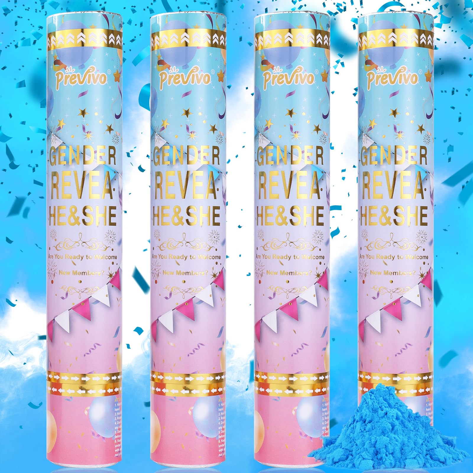 Previvo Gender Reveal Confetti Powder Cannon - 4 Pack Blue Baby Gender Reveal Poppers - 100% Biodegradable Powder Smoke - Baby Party Supplies