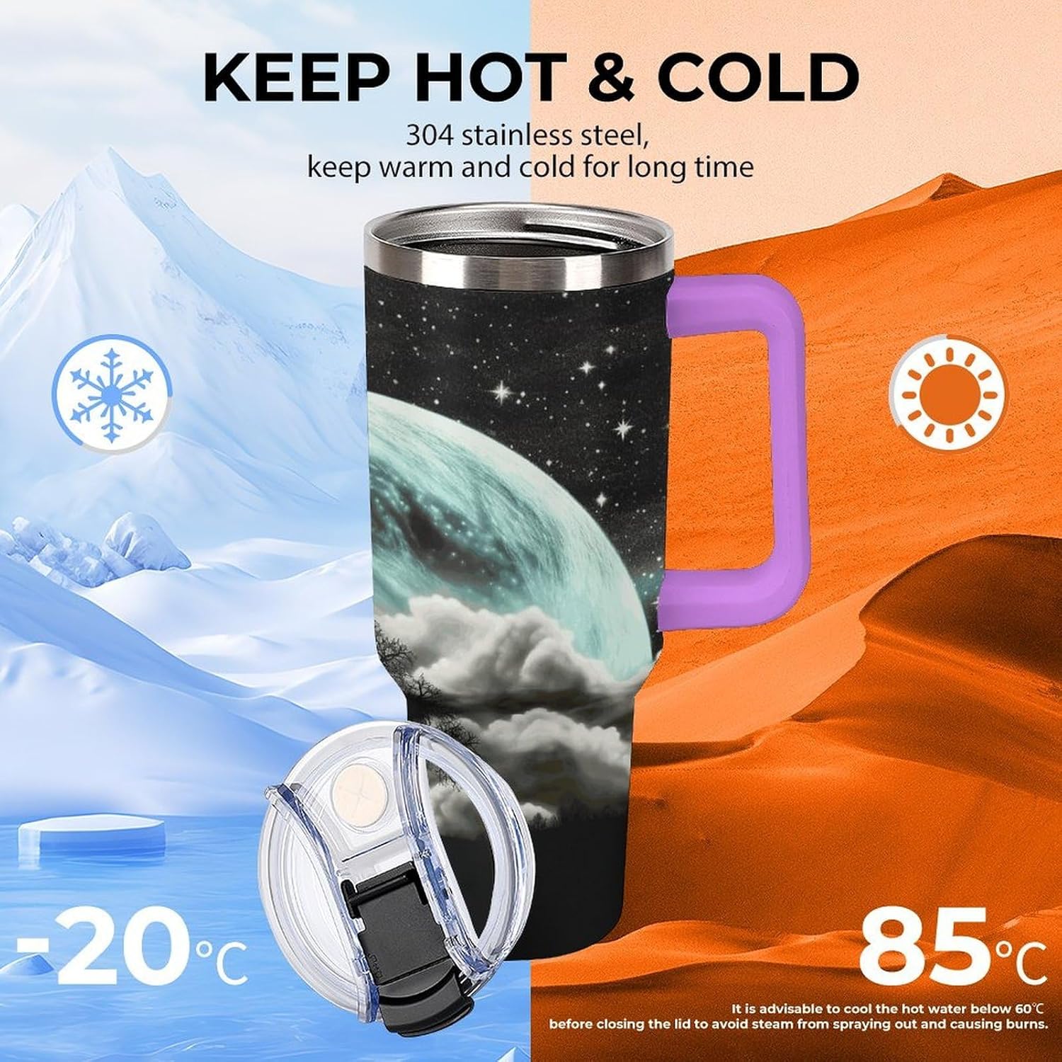 Large Car Cup with Handle&Lid Fashion Starry Night Black Tree Art Tumbler Sturdy Insulated Water Bottle Stainless Steel Vacuum Travel Mug Portable Coffee Cup for Home Outdoor 40 Oz Violet-style