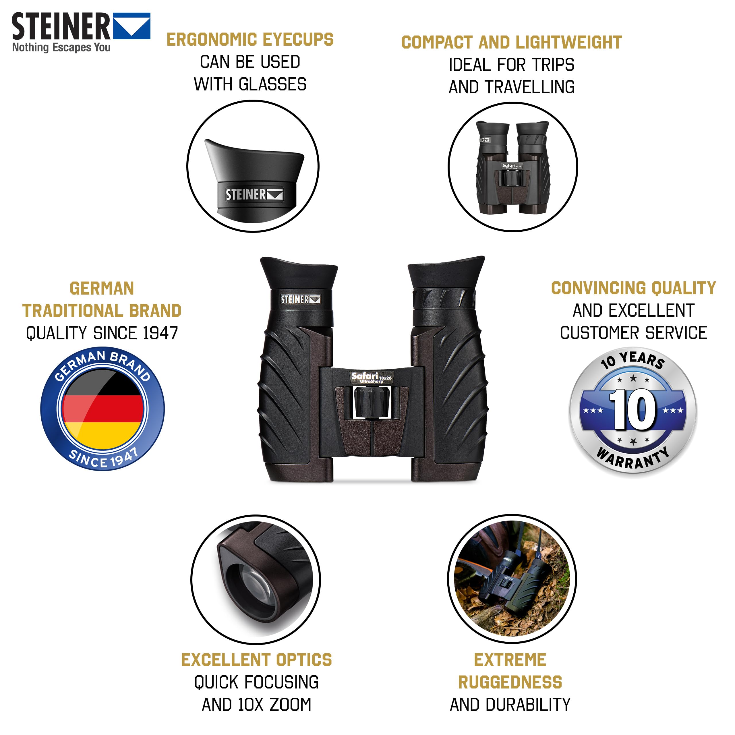 STEINER Jumelles Safari UltraSharp 10x26 - Optique de qualité Allemande, Zoom 10x, compacte, légère, idéale pour Les Voyages, la randonnée, Le Sport et l'observation de la Nature | Provenance France. Emballage securisé. Livré avec Facture dont TVA.