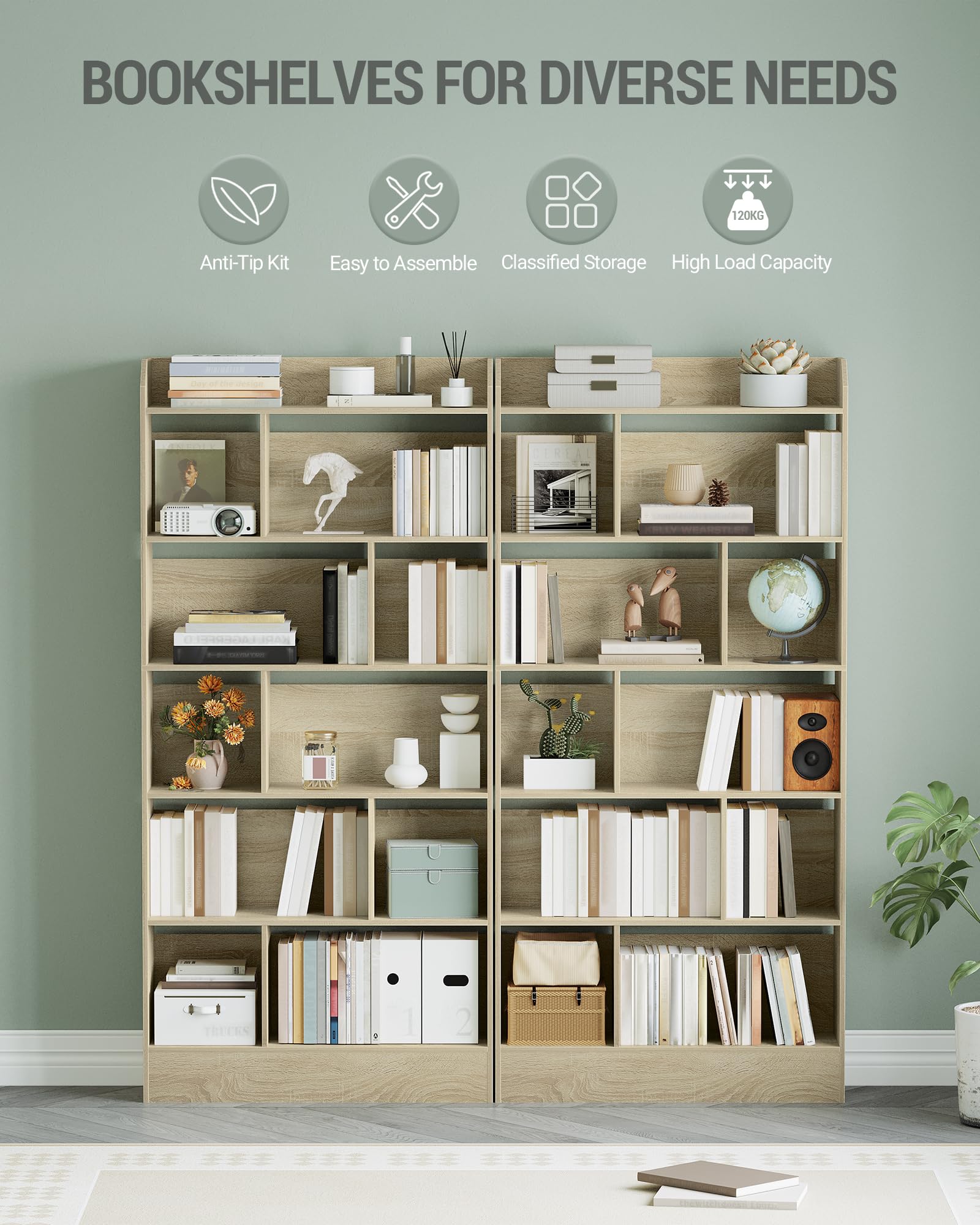Hzuaneri 6-laags boekenplanken en boekenkasten, staande opbergplanken, woonaccessoires voor thuiskantoor, woonkamer, slaapkamer, 24 x 48 x 170 cm, Wit 01103XBC