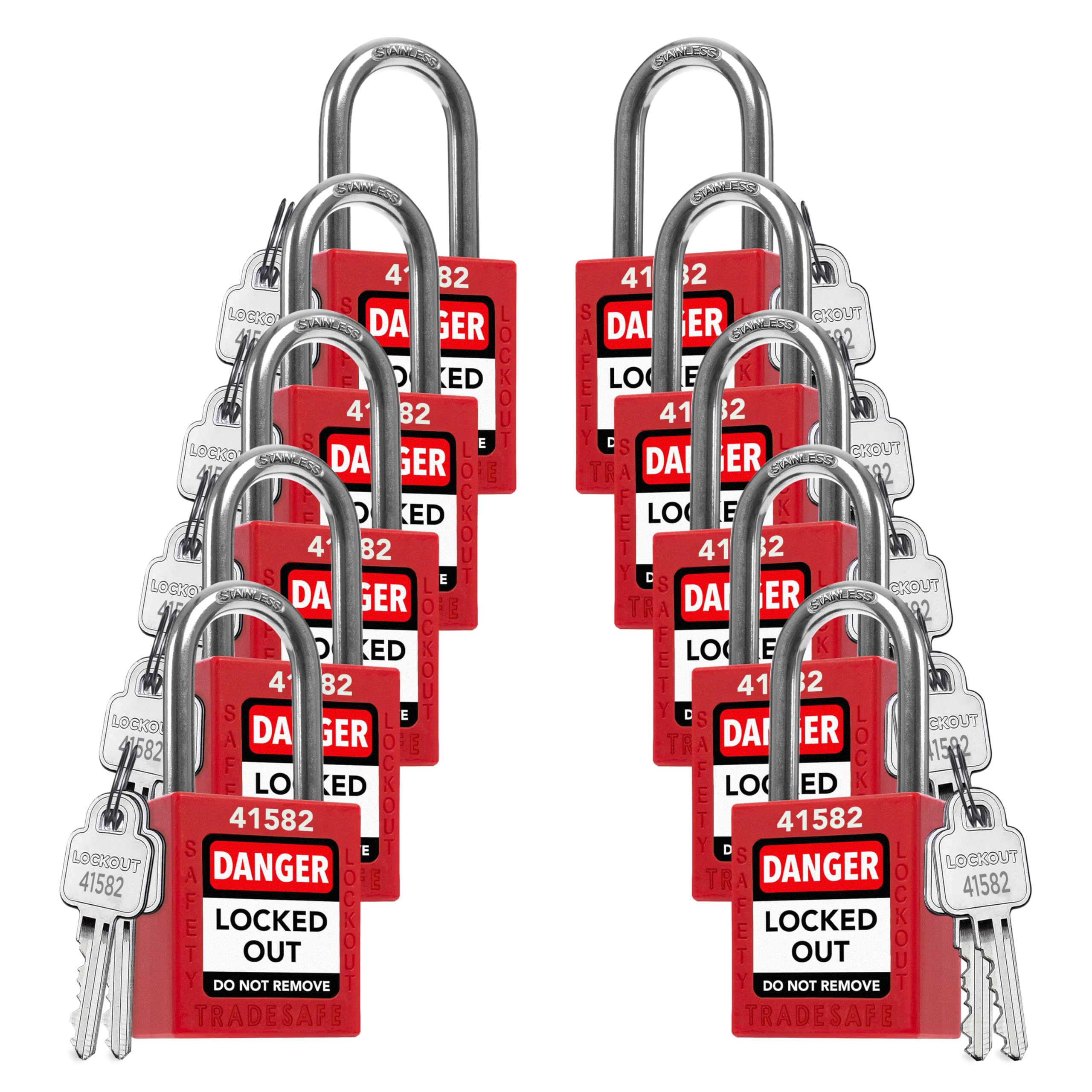TRADESAFE Juego de cerraduras de bloqueo – 10 candados con llave roja igual, 2 llaves por cerradura, cerraduras Loto compatibles con OSHA para estaciones de etiquetado de bloqueo, grado premium