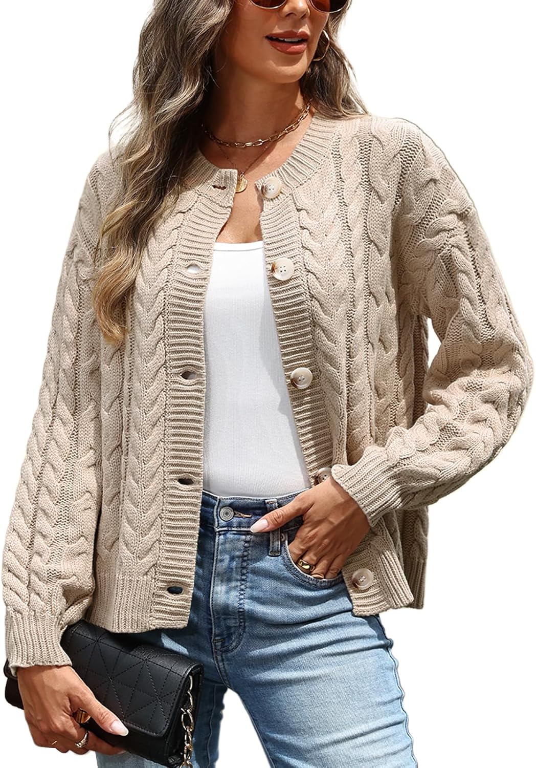 VIMPUNEC Fall Cardigan Sweaters for Women Casual Cable Knit Button Down Jackets Long Sleeve Open Front Outwear Coats