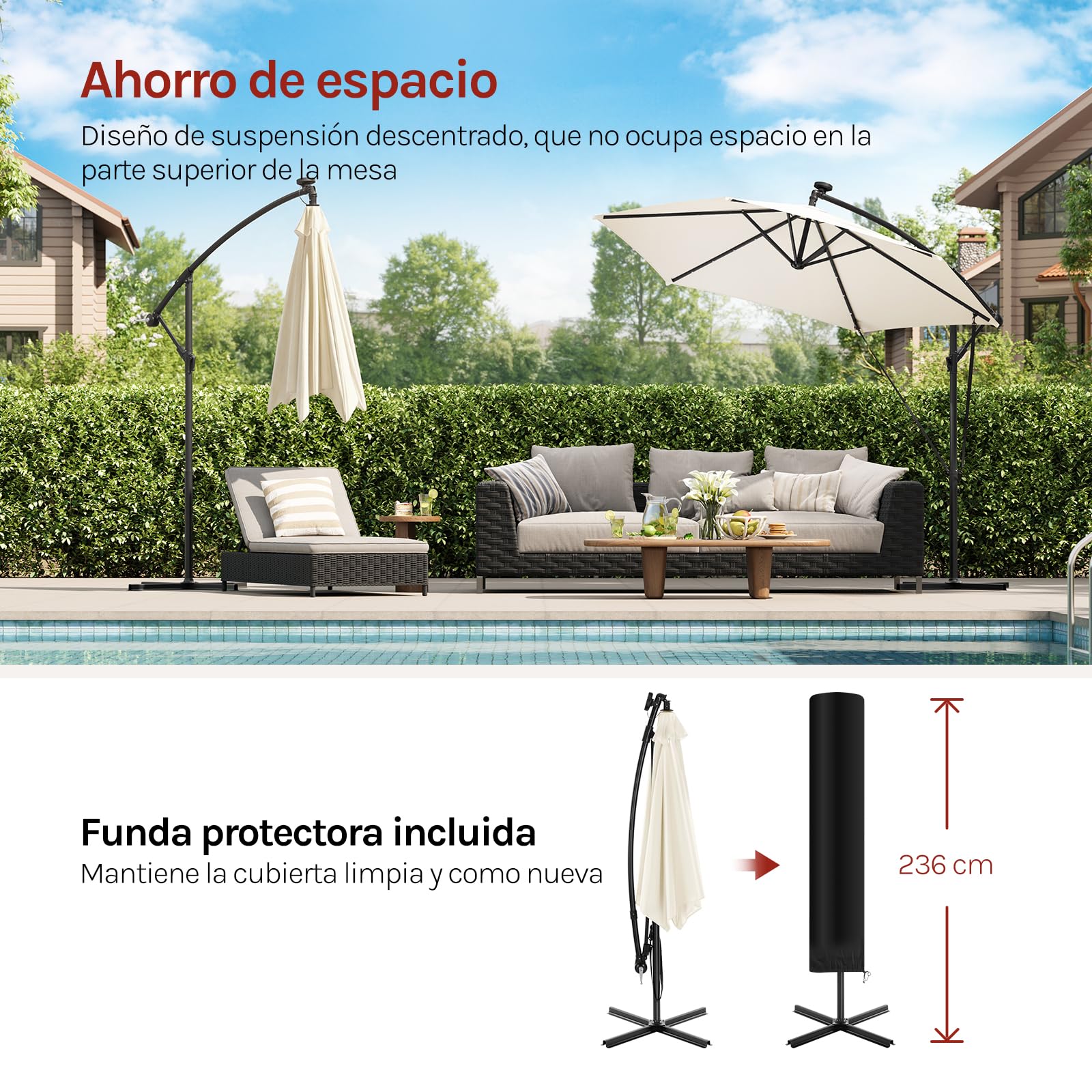 WOLTU Sombrilla de Patio φ 3 m con Luz LED, Parasol Grande Giratorio 360°, Ajustable en Ángulo, Protección UPF 50+ con Bolsa, Poliéster Resistente, para Jardín y Piscina