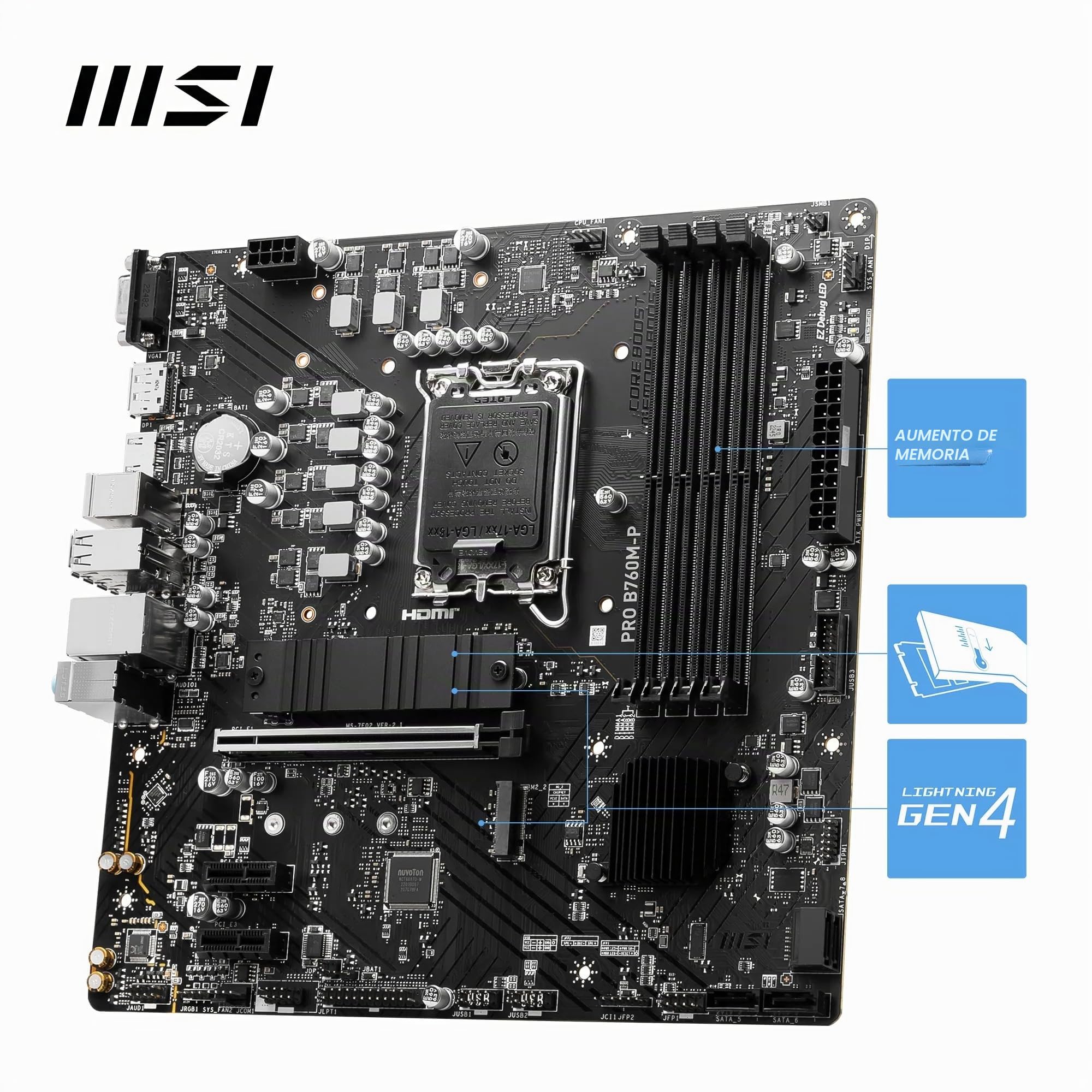 MSI Pro B760M-P - Placa Base Micro-ATX, Compatible con procesadores Intel Core de 14ª, 13ª y 12ª generación, LGA 1700, DDR5 Memory Boost 6800+MHz/OC, Ranura PCIe 4.0 x16, Ranuras M.2 Gen4