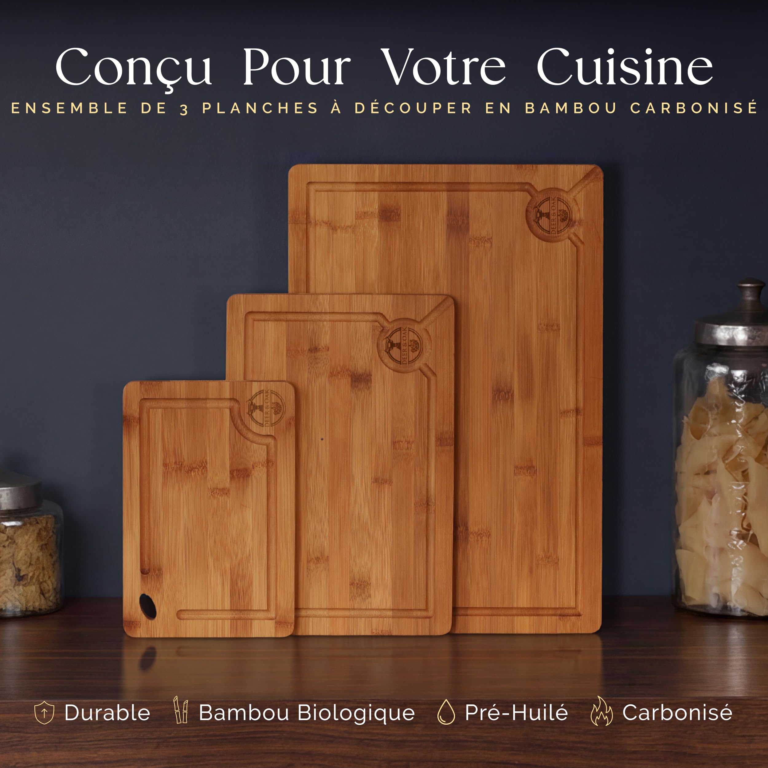 Deer & Oak Lot de 3 Planches à Découper Bambou Carbonisé Pré-huilées | Trou de suspension · Technologie 260 °C · Aussi pour le service de charcuterie