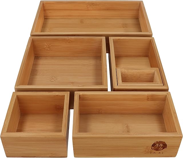 TAKE® 6-częściowy system szuflad z 100% naturalnego bambusa, różne szuflady organizery w różnych rozmiarach, idealny jako organizer do makijażu - pudełka do przechowywania kuchni, łazienki i biura