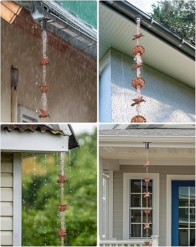Miniatura 6 de INNOWARMER Cadenas de lluvia de 8.8 pies para canaletas exteriores, cadena colectora de lluvia con 6 tazas de metal y decoración de colibrí, cadena
