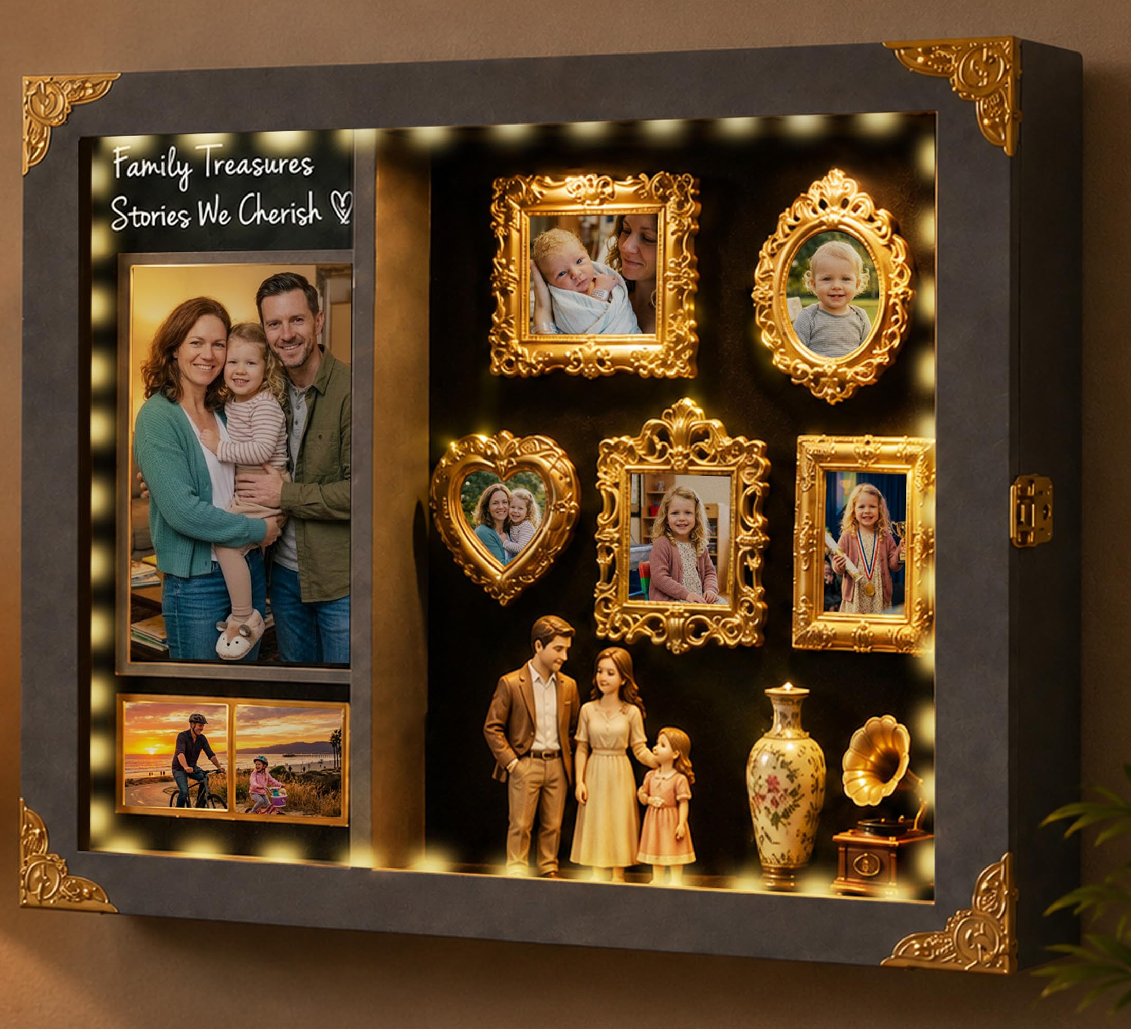 Large Lighted Shadow Box Display Case with Shelves, Gray