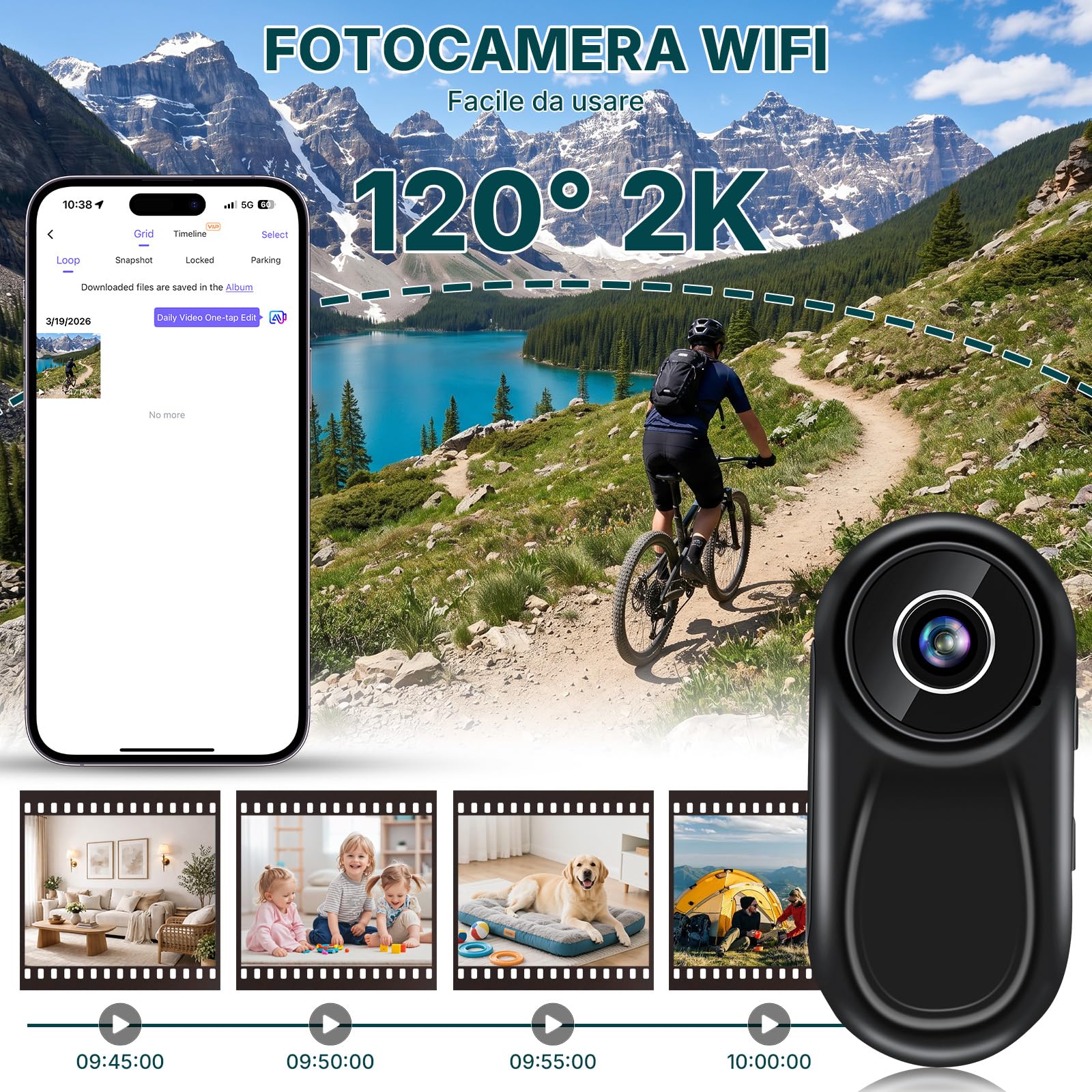 Action Camera Wi-Fi 2K, Mini Action Cam, Action Camera Tascabile | Action Camera da Casco con Attacco Magnetico e Display da 0,85 Pollici per Casco e Bicicletta, WiFi, Nera