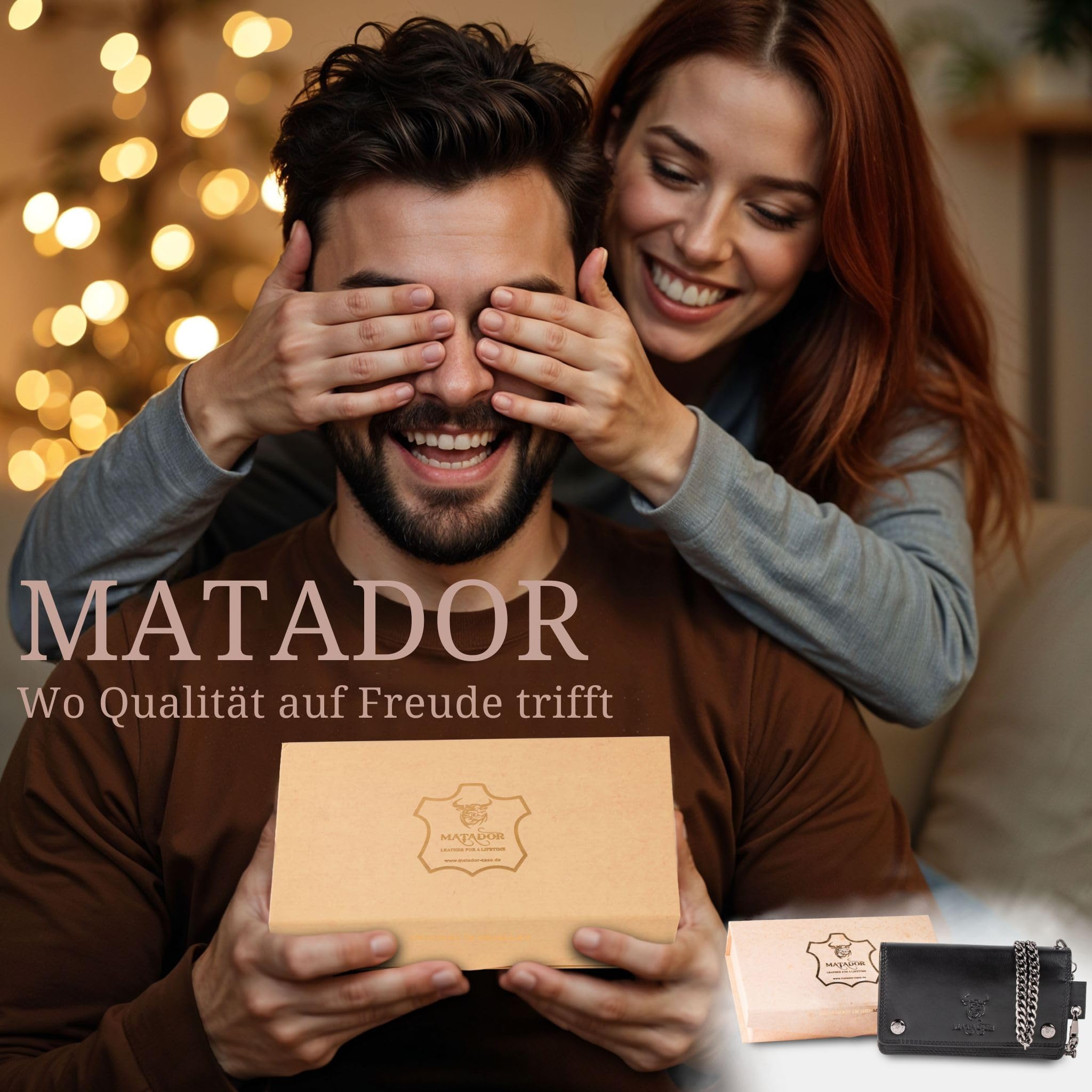 MATADOR Biker Geldbörse mit Kette aus Leder #Dallas in edler Geschenkbox, Eleganter Geldbeutel für Herren mit RFID Blocker, Luxus Geldbörse Viele Kartenfächer, Schwarz Nappa