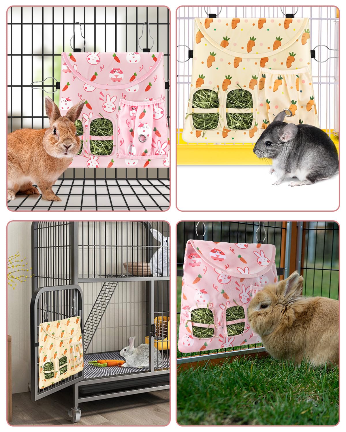 Bissap 2PCS Rabbit Hay Feeder Bag, 2 Holes Hanging Hay Feeder Guinea Pig Hay Bag for Rabbits Bunny Chinchillas Hamsters Rats and Other Small Pets Small Animal - Pink & Beige - image 7