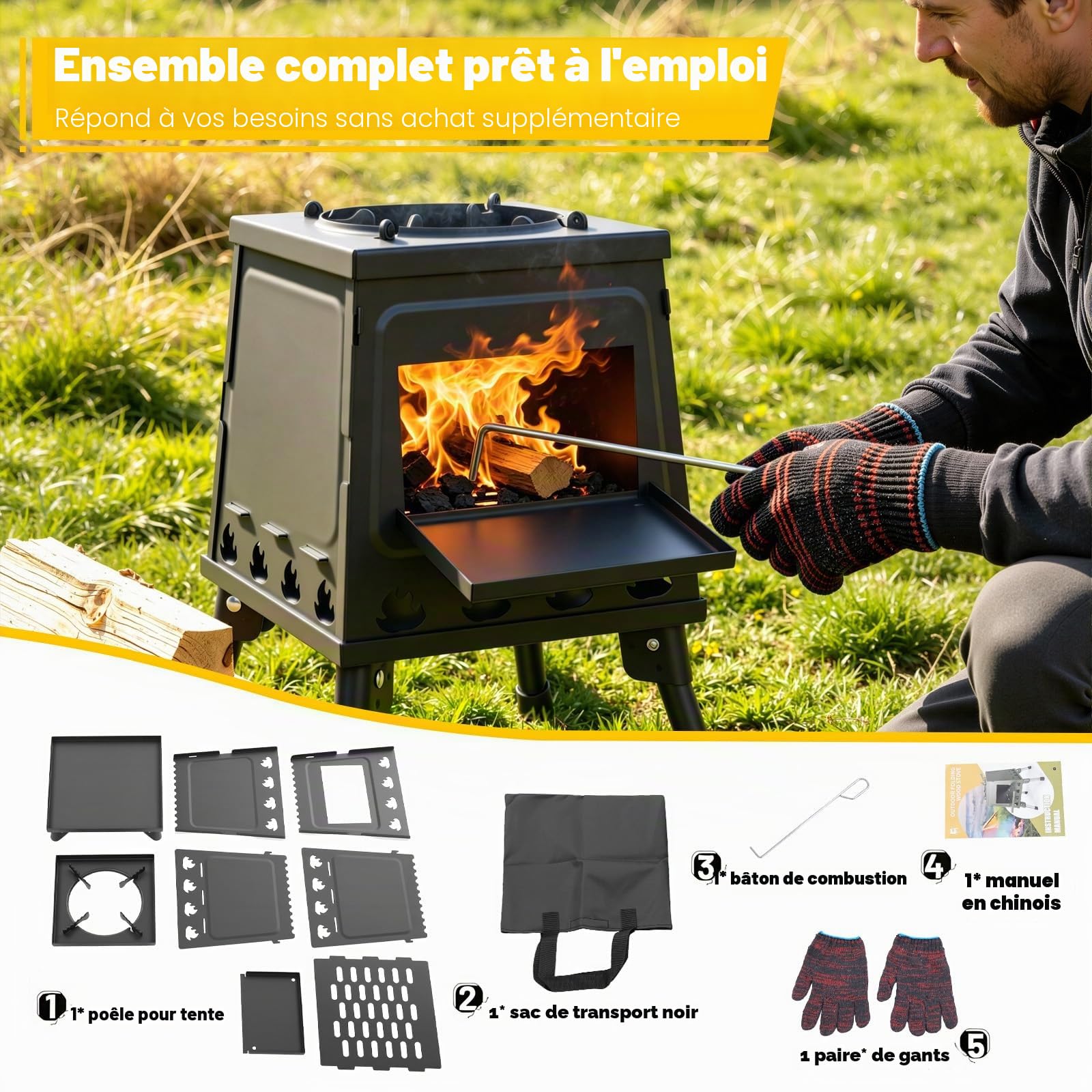 Réchaud de camping à bois, poêle de chaleur portable pour le plein air, poêle de tente avec sac de transport pour pique-nique, camping, barbecue, voyage en camping-car
