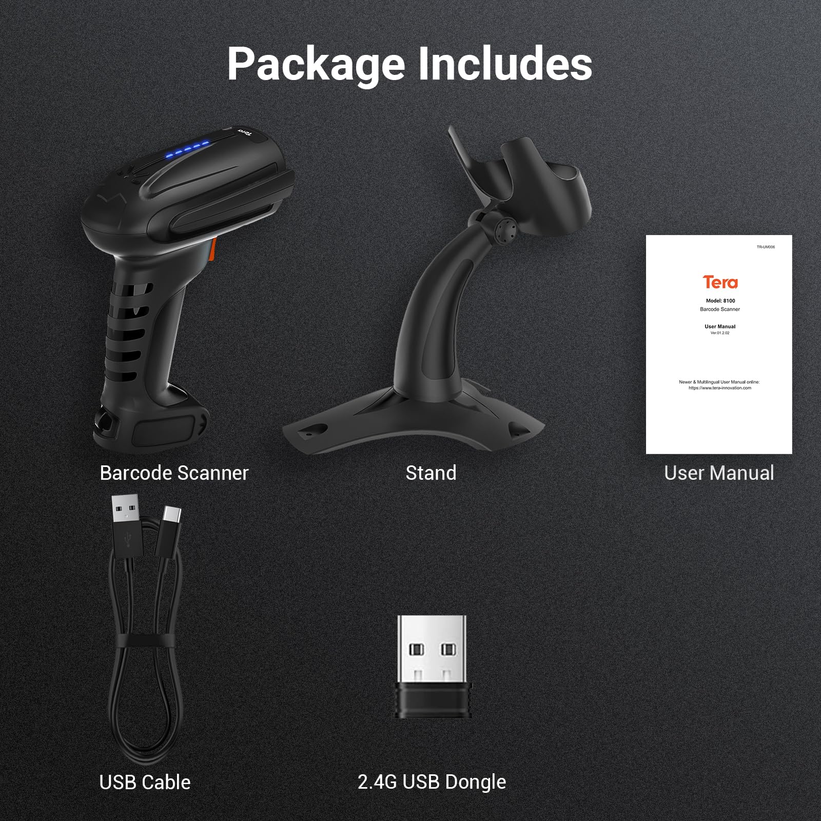 Tera Escáner de códigos de barras inalámbrico 2D QR con soporte: Pro Version Indicador de batería de 2500 mAh Lector de códigos de barras de grado industrial compatible con Bluetooth 2.4G para Windows
