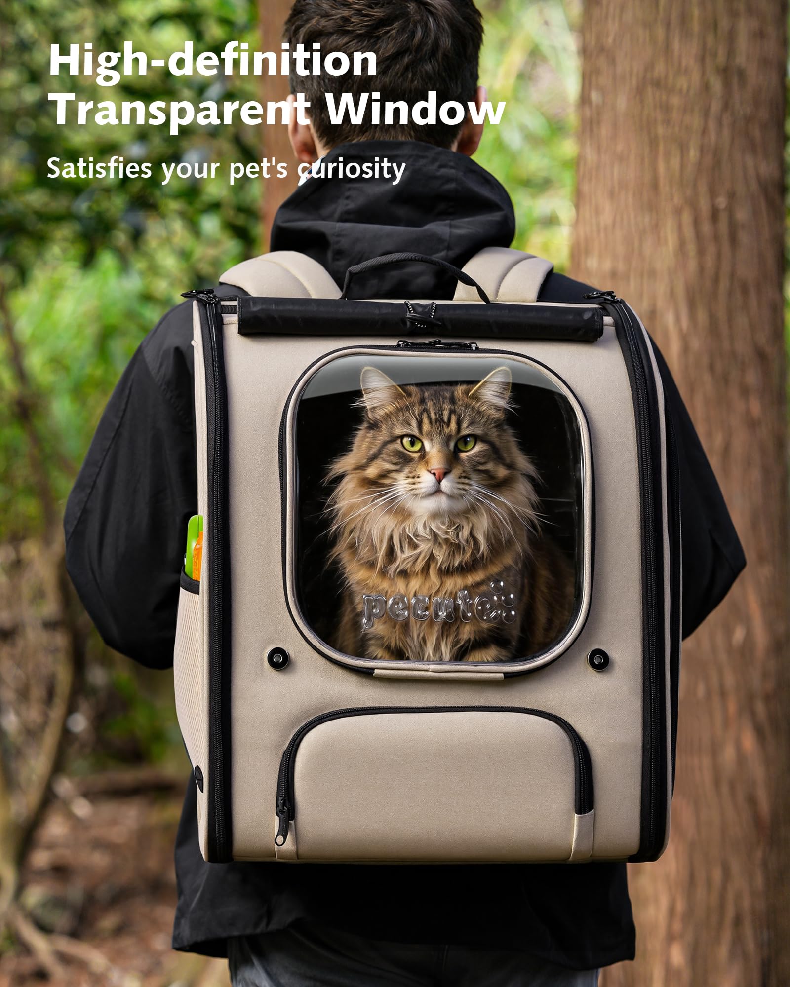 pecute Katzenrucksack Bubble Haustier Rucksack mit Netzfenster, Tragbare und Faltbare Katzentasche, Atmungsaktive und Leichte Hundetasche für Hunde Katzen Haustiere, Khaki (48 * 38 * 28cm)