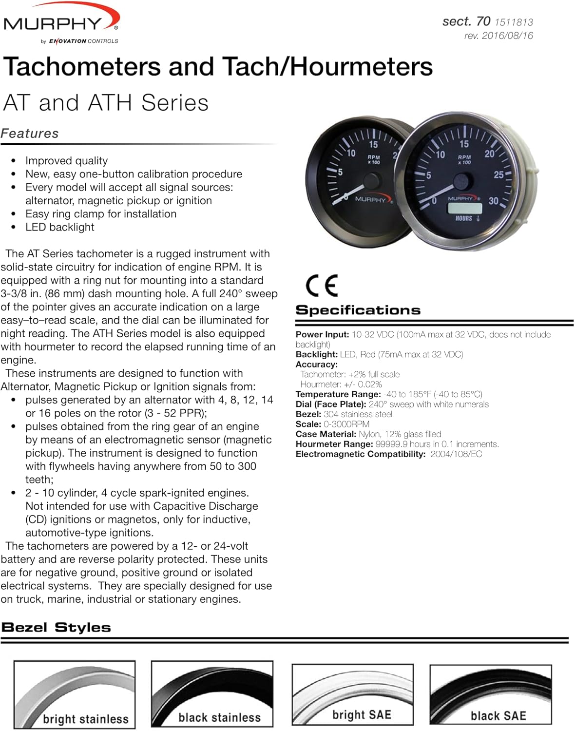Murphy by Enovation Controls ATH-30 12/24 VDC Analog Tachometer/Hourmeter (20700249)