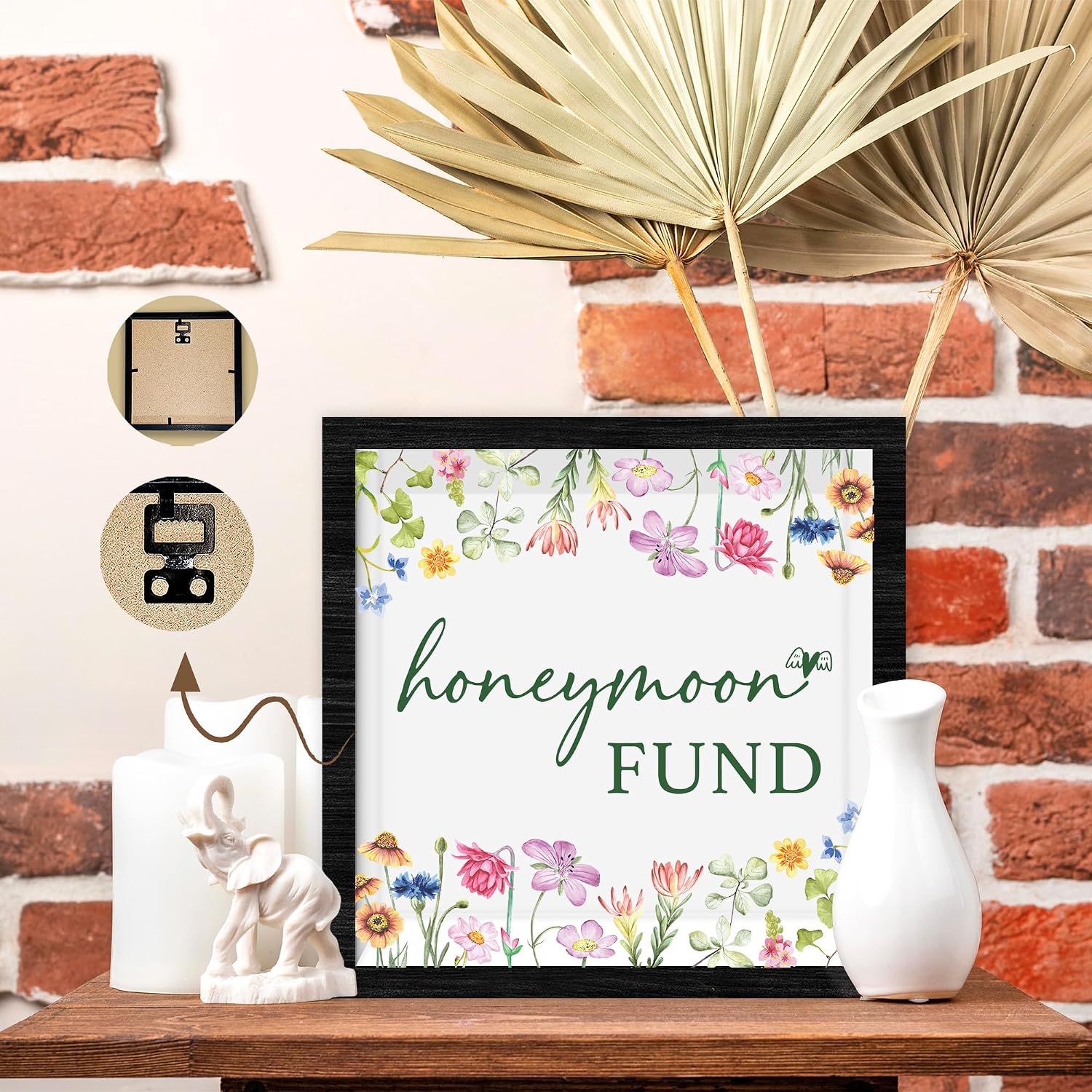 Honeymoon Fund Shadow Box Frame with Slot, Floral Wedding Money Box Decor, Wildflowers Travel Memory Keepsakes Case, Wedding Honey Moon Gifts for Newlyweds Couples- A03