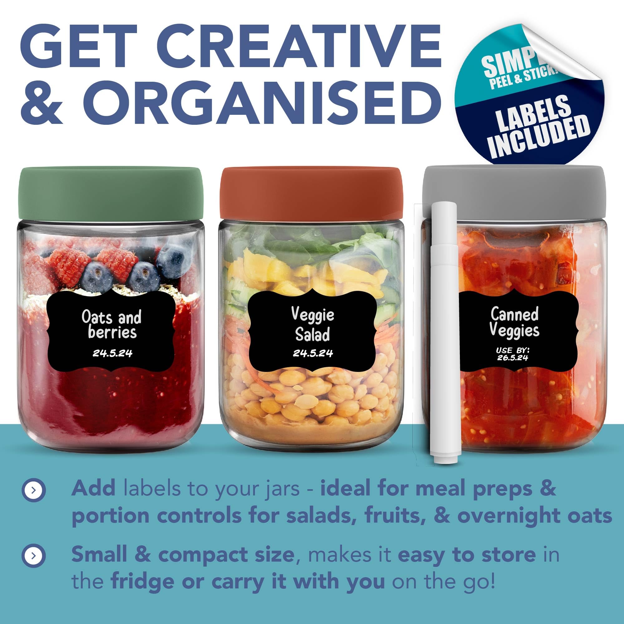 6 Barattoli Vetro 300 Ml Con Coperchio Ermetico, Overnight Oats Jars, Per Marmellata, Yogurt, Insalate, Snack, Con Cucchiaio E Pennarello