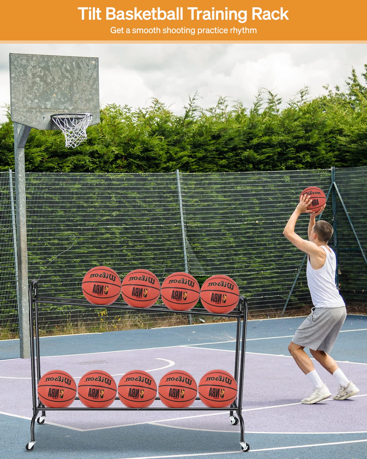 (1Pack) Tilt Basketball Rack Ball Storage Holder - Tilt Basketball Shooting Training Rack, Garage Sports Equipment Organizer, Outdoor and Indoor Rolling Balls Cart with Wheels