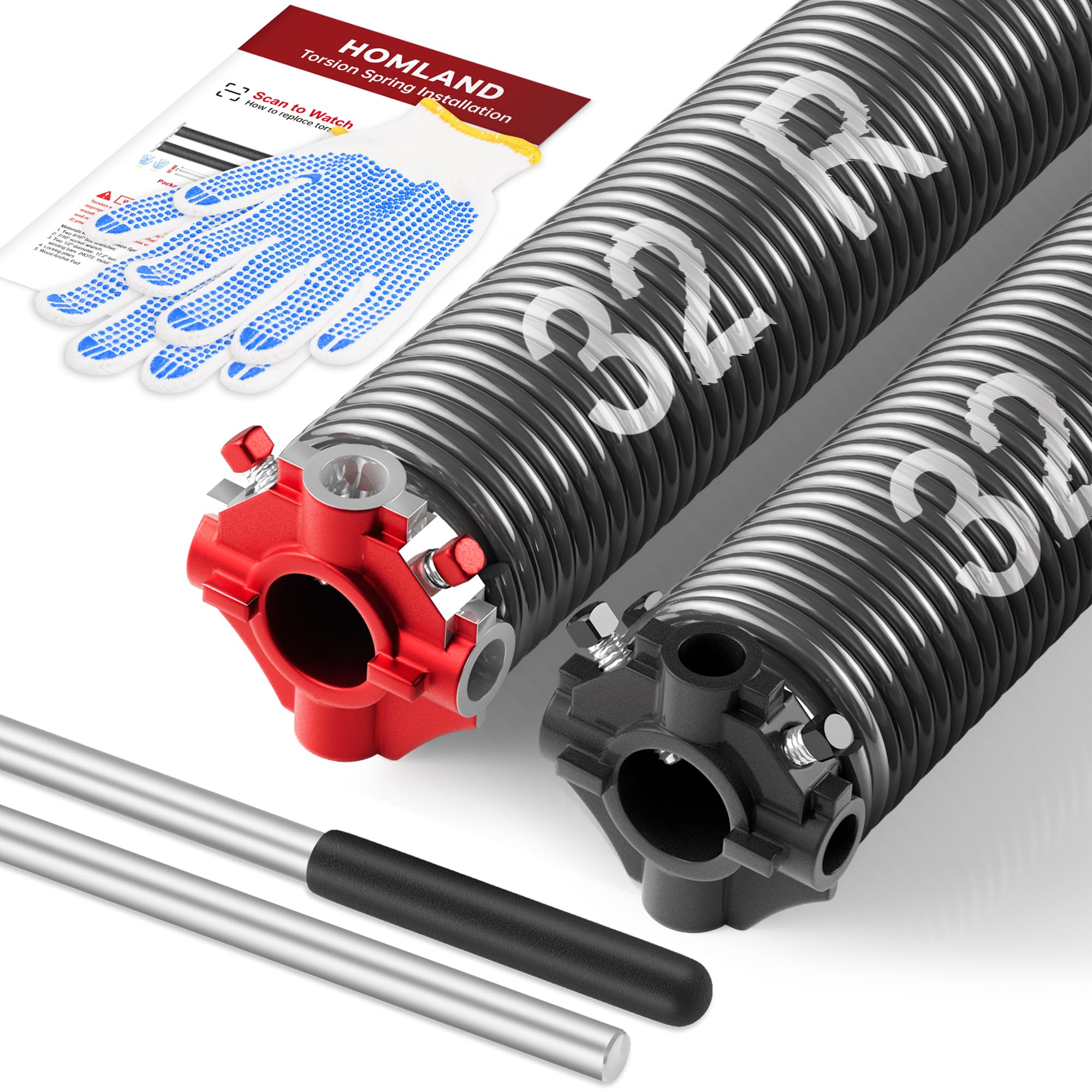 HOMLAND Garage Door Springs Replacement Kit 0.262x2x32 Inches with Non-Slip Winding Bars, 2" (Pair) Torsion Springs with Precision Electrophoresis Black Coated, MIN 18,000 Cycles