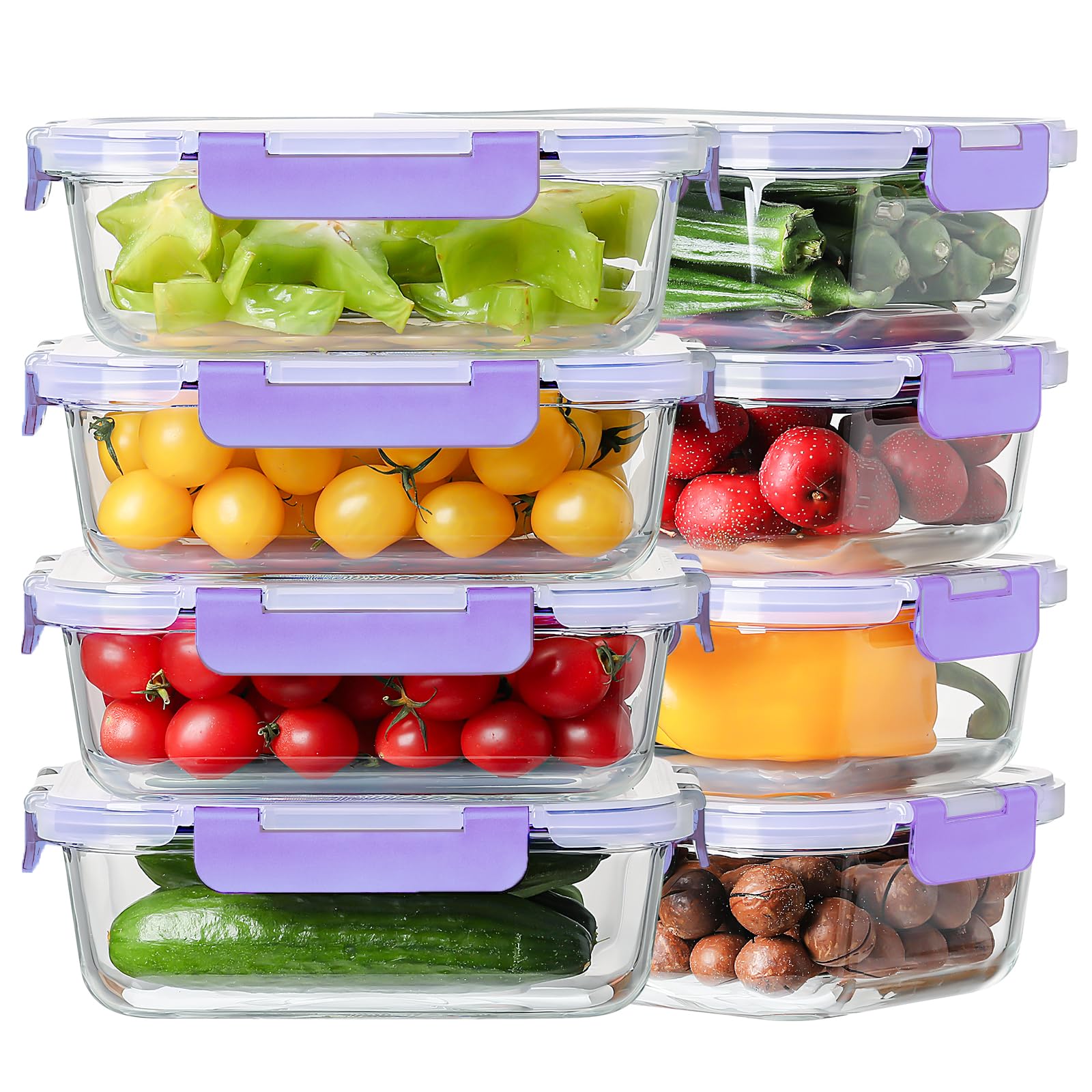 8 Pack 36oz Large Glass Meal Prep Containers with lids, Glass Food Storage Containers with Leak Proof Snap Lock Lids , Airtight Bento lunch Boxes, Kitchen Storage, Oven and Dishwasher Safe-Purple
