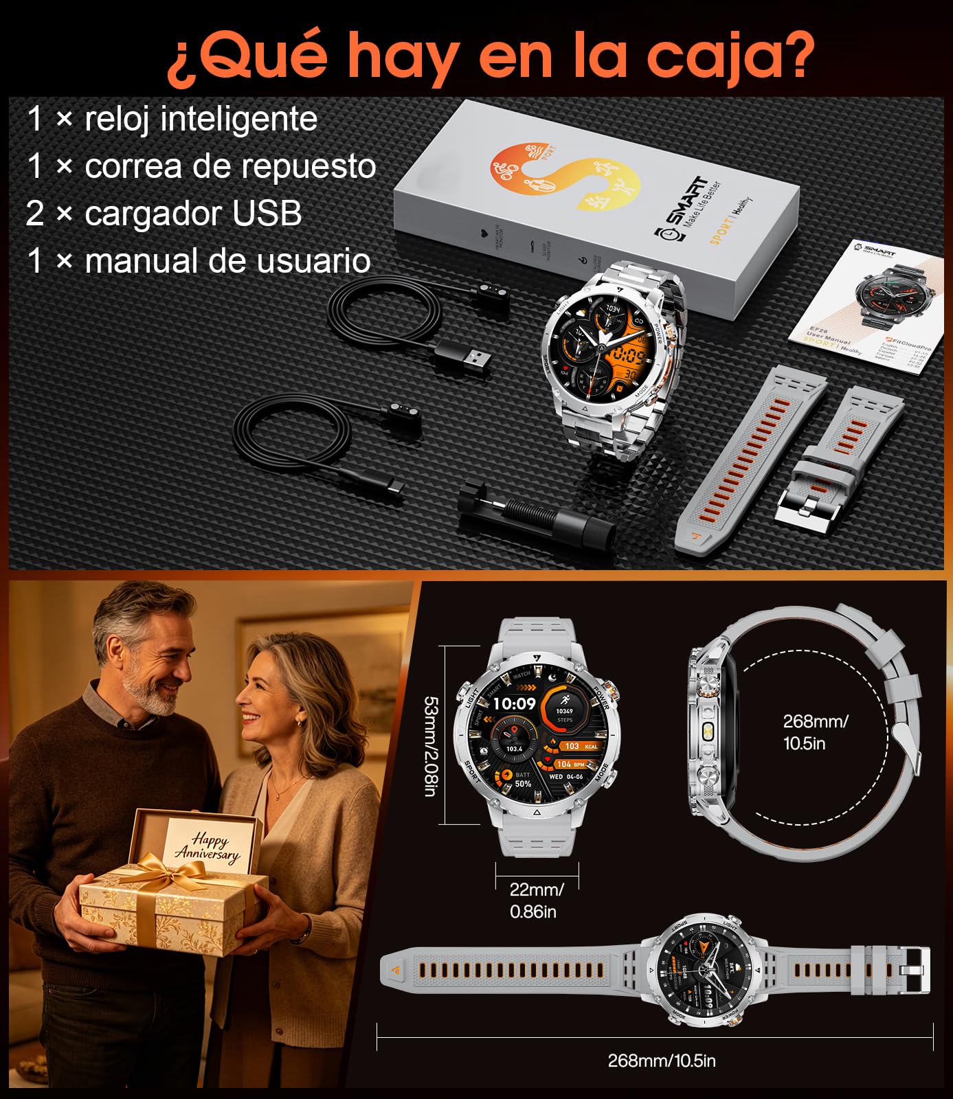 LIGE Reloj Inteligente Hombre 1400mAh Larga Duración, 1.7" Smartwatch Militar con Linterna LED, Llamadas Bluetooth, 120+ Deportes, Impermeable, Frecuencia Cardíaca,Android iOS,2 Cargadores,EF26-C