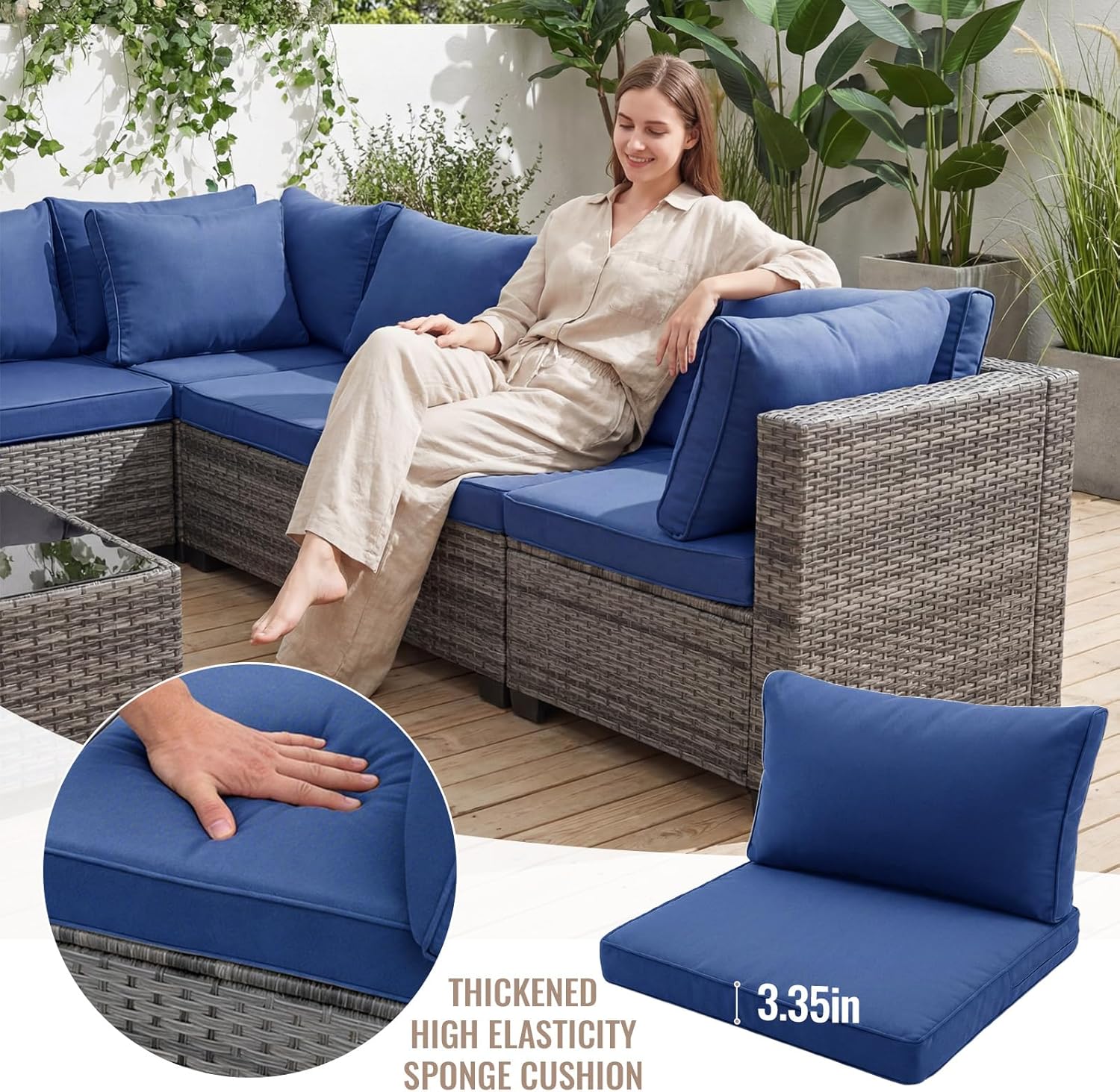 7 Pieces Outdoor Wicker Patio Furniture Sectional Set, Patio Conversation Set with Cushions & Coffee Table, All Weather PE Rattan Patio Sofa with Tea Table for Backyard Porch Garden (Navy-blue)