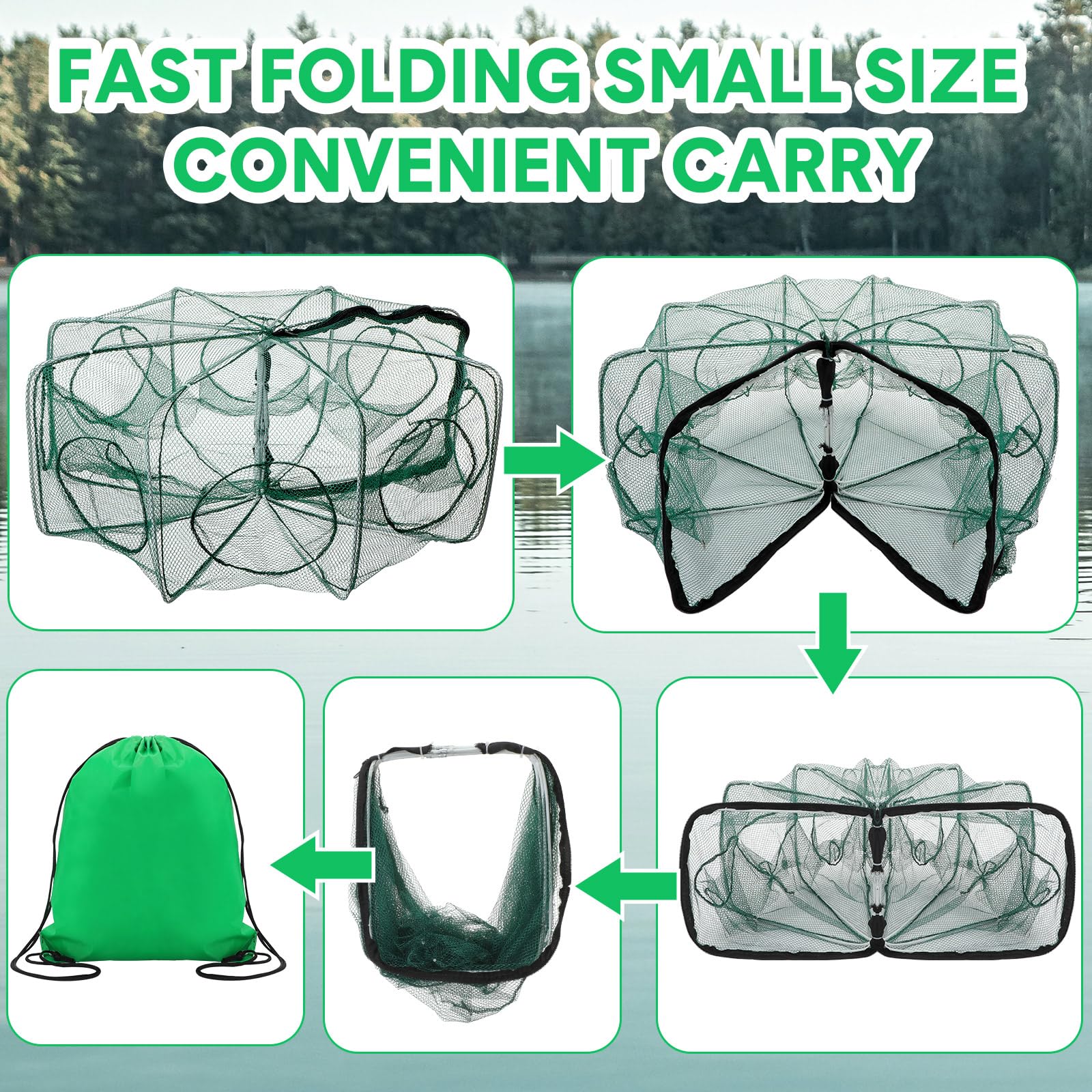 JaGely 5 accesorios de red de pesca que incluyen red de aterrizaje de pesca con asa, red de fundición plegable portátil de 26 x 13 pulgadas, 8 agujeros y 8 lados, trampa de cebo de pesca plegable, red