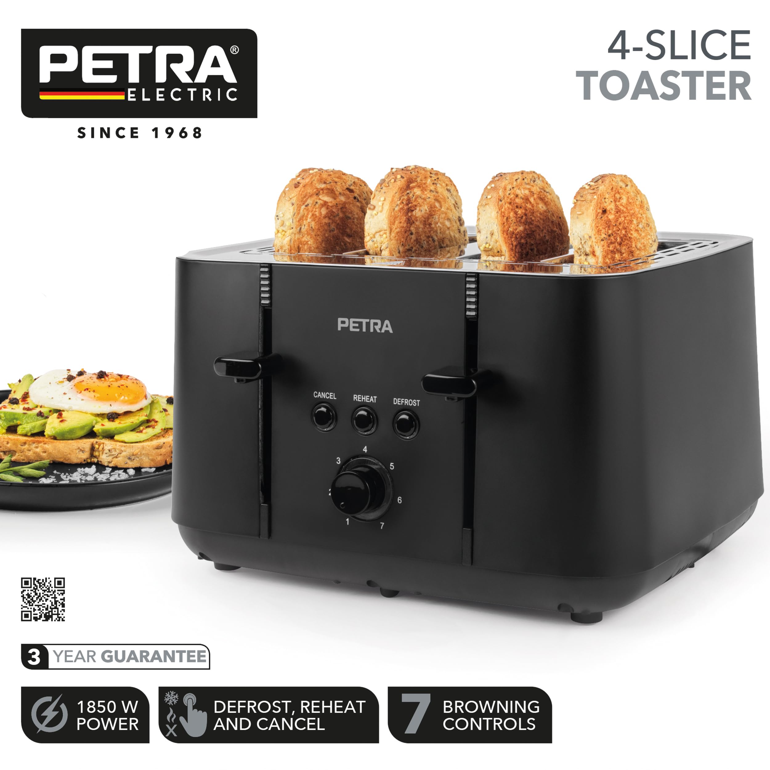 Petra PT3860BLKVDEEU10 Grille-Pain Chevron 2 Tranches 930W - Noir, 7 Niveaux, Chauffe-Viennoiseries
