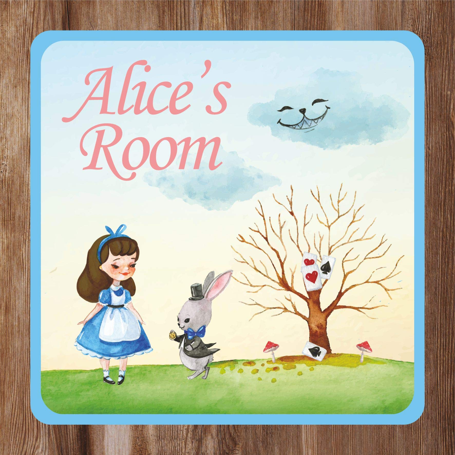 Precision Designs Alice Rabbit Cards Theme Kids Bedroom Door Sign Personalised for You - Any Name! Door Plaque,Girls/Boys,Nursery,Decor,Kids Room,Fairy Tale Multicoloured