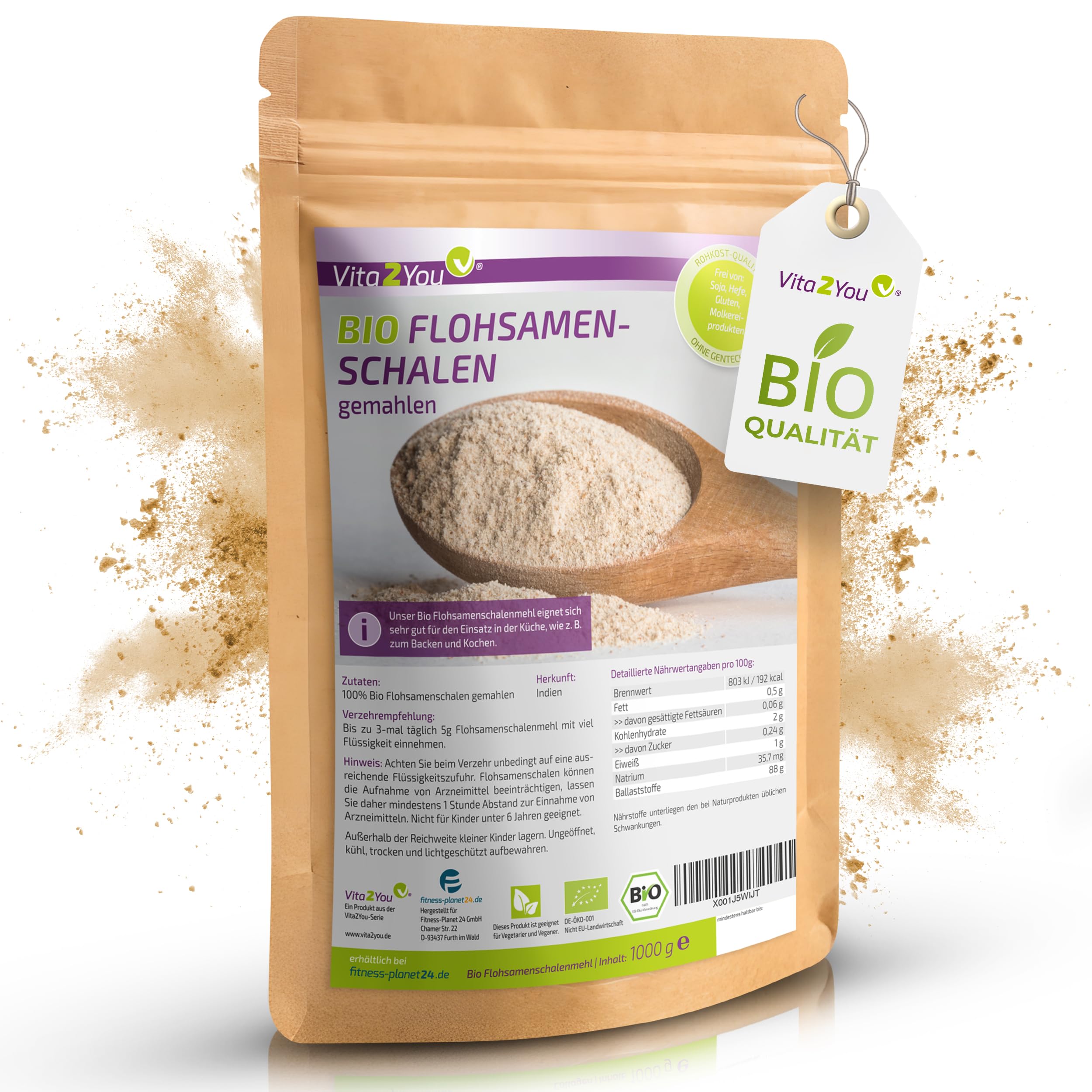 Vita2You Cosses de psyllium bio moulues à 99 % de pureté – 1 kg – farine de psyllium indien – Idéal pour la pâtisserie – 1000 g – Qualité supérieure