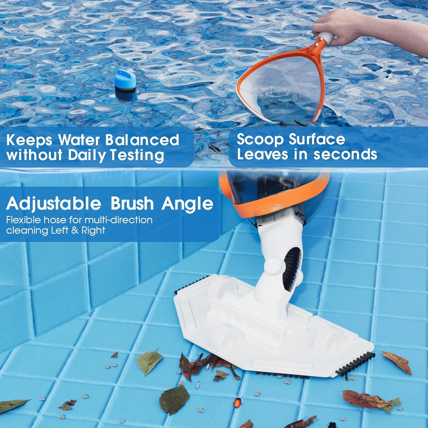 3 IN 1 Cordless Handheld Pool Vacuum Cleaner Kit-1110GPH Real Strong Suction,60min Run-time,40µm Fine Mesh Filter,Aluminum Pole,Net,Floating Dispenser for Hot Tubs,Inground &Above Ground Pools -Orange