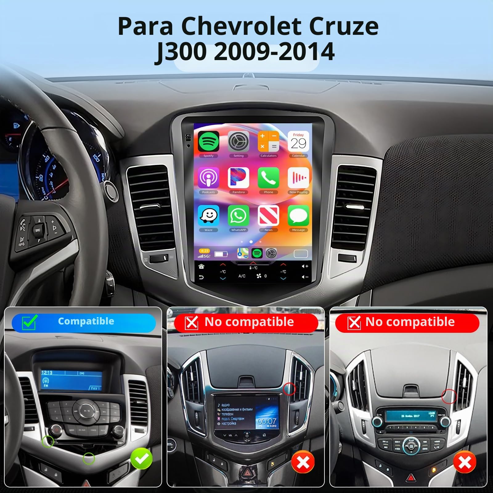 【8 Núcleo 6+128G】 Hodozzy Carplay Radio Coche para Coche para Chevrolet Cruze J300 2009-2014,9.7 Pulgadas Autorradio Bluetooth con Pantalla Táctil con Android Auto/WiFi/GPS/RDS/FM/USB/DSP