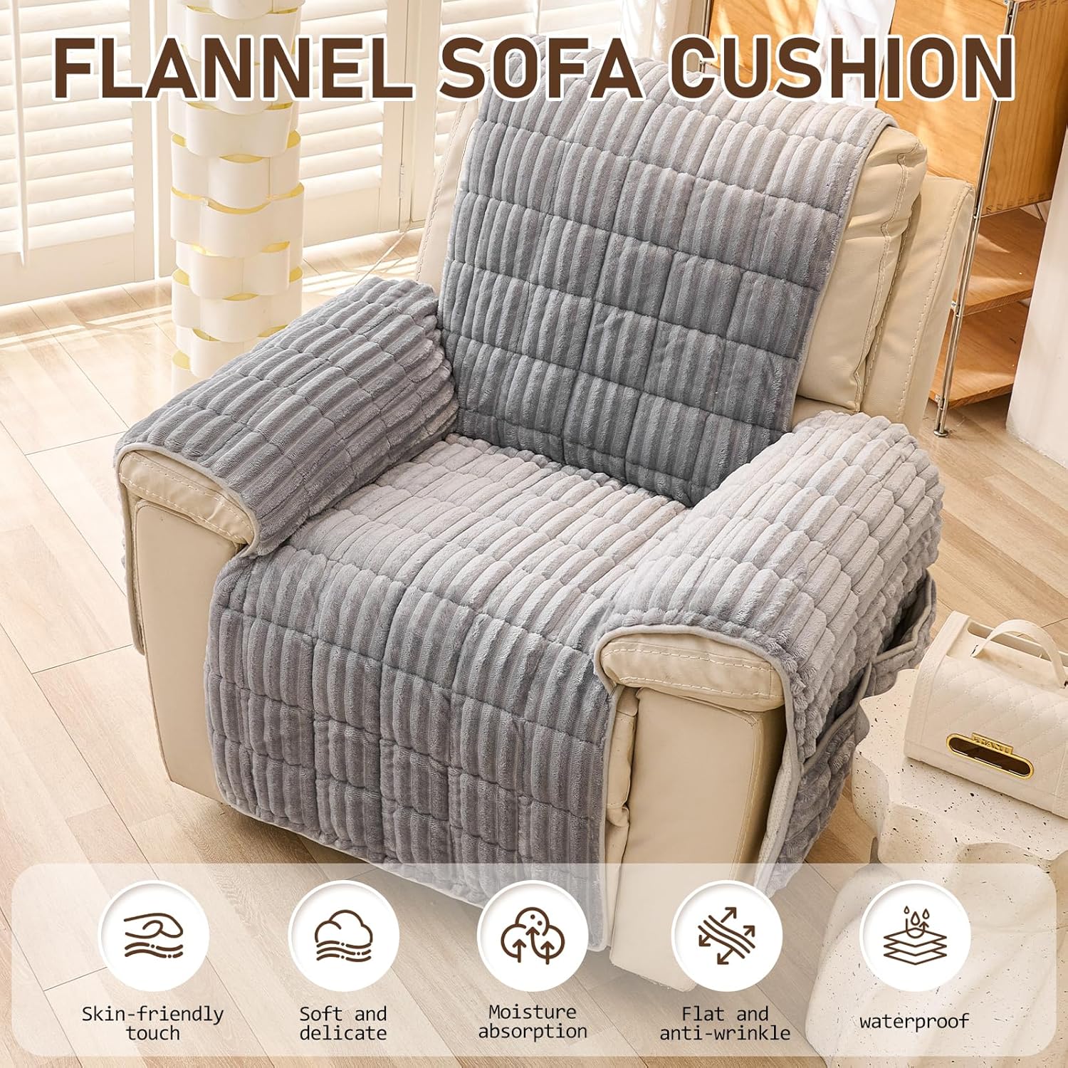 23-Inch Quilted Recliner Cover, Light Gray Rabbit Fur Lazy Boy Chair Protector, Washable Fabric Slipcover for Pets and Kids, Suitable for Chaise Lounges and Furniture