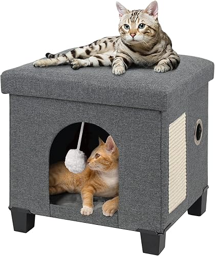 BRIAN & DANY Cama plegable para gatos de interior, cubo grande para gatos para casa de gatos con tabla de rascar para gatos y bola de gato, 14.5 x