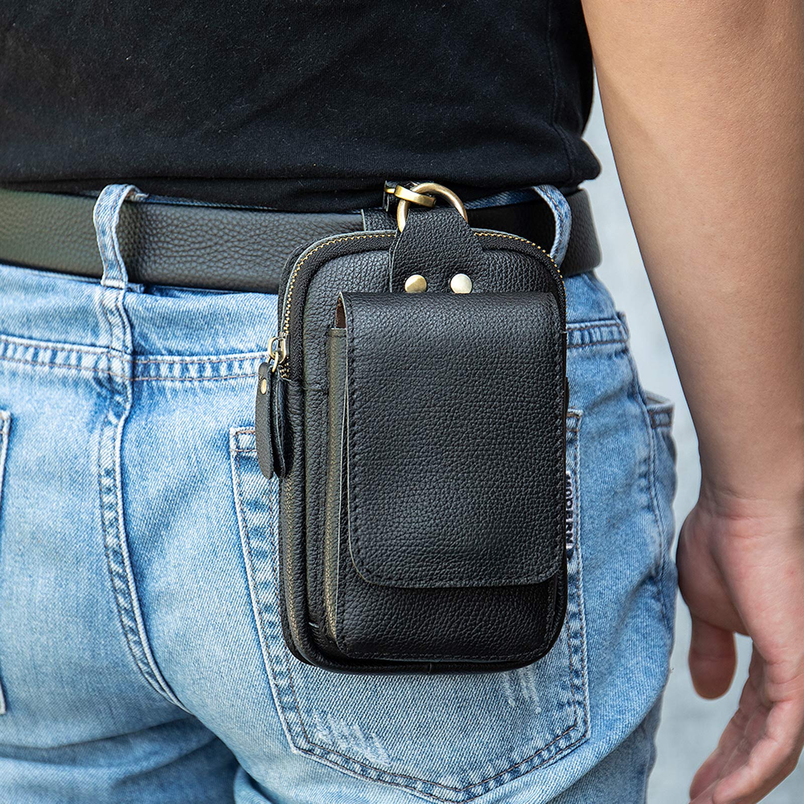 Riñonera de piel auténtica para hombre, bolsa para teléfono celular, para viajes, deportes al aire libre, senderismo, caminar, Negro, Vintage