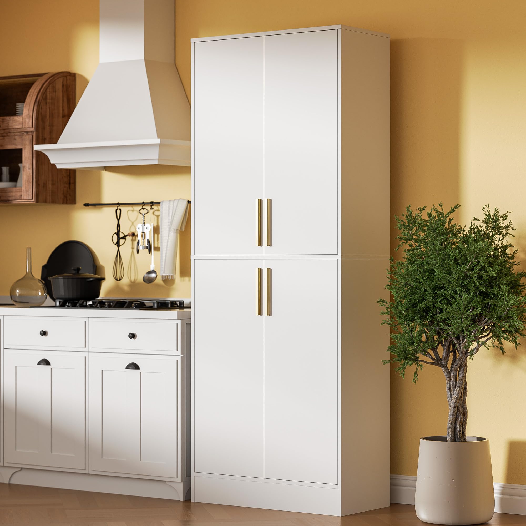 Housoul 71 inch Tall Pantry Cabinet in White with Gold Handles