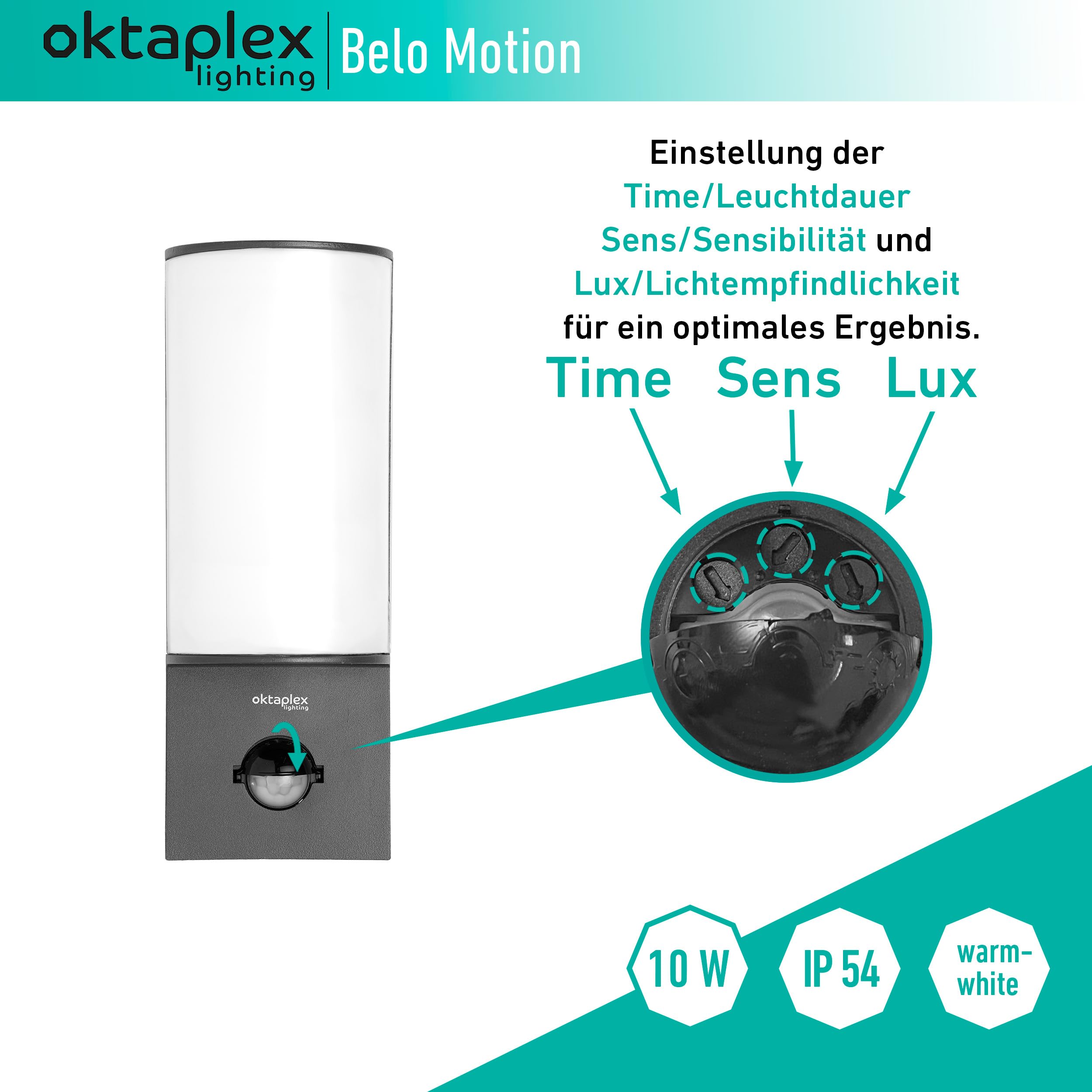 Oktaplex LED Außenleuchte mit Bewegungsmelder Belo 10W IP54 | Außenlampe anthrazit, Wand Außen, Außenwandleuchte Sensor, 3000K Warmweiß