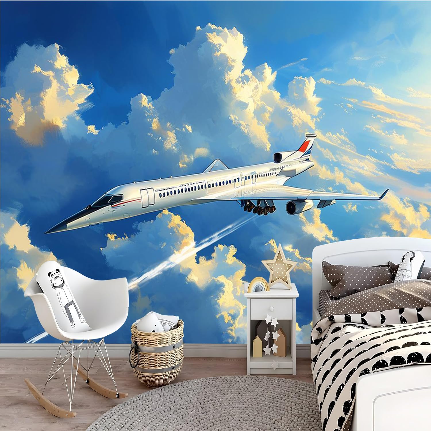Générique Papier Peint Panoramique 3D 300x210 cm Avion Non-tissé Murale Maison Décoration Intérieure Ciel Nuages pour Chambre Salon Mur TV Artistique Poster Décoration Murale 2N1640