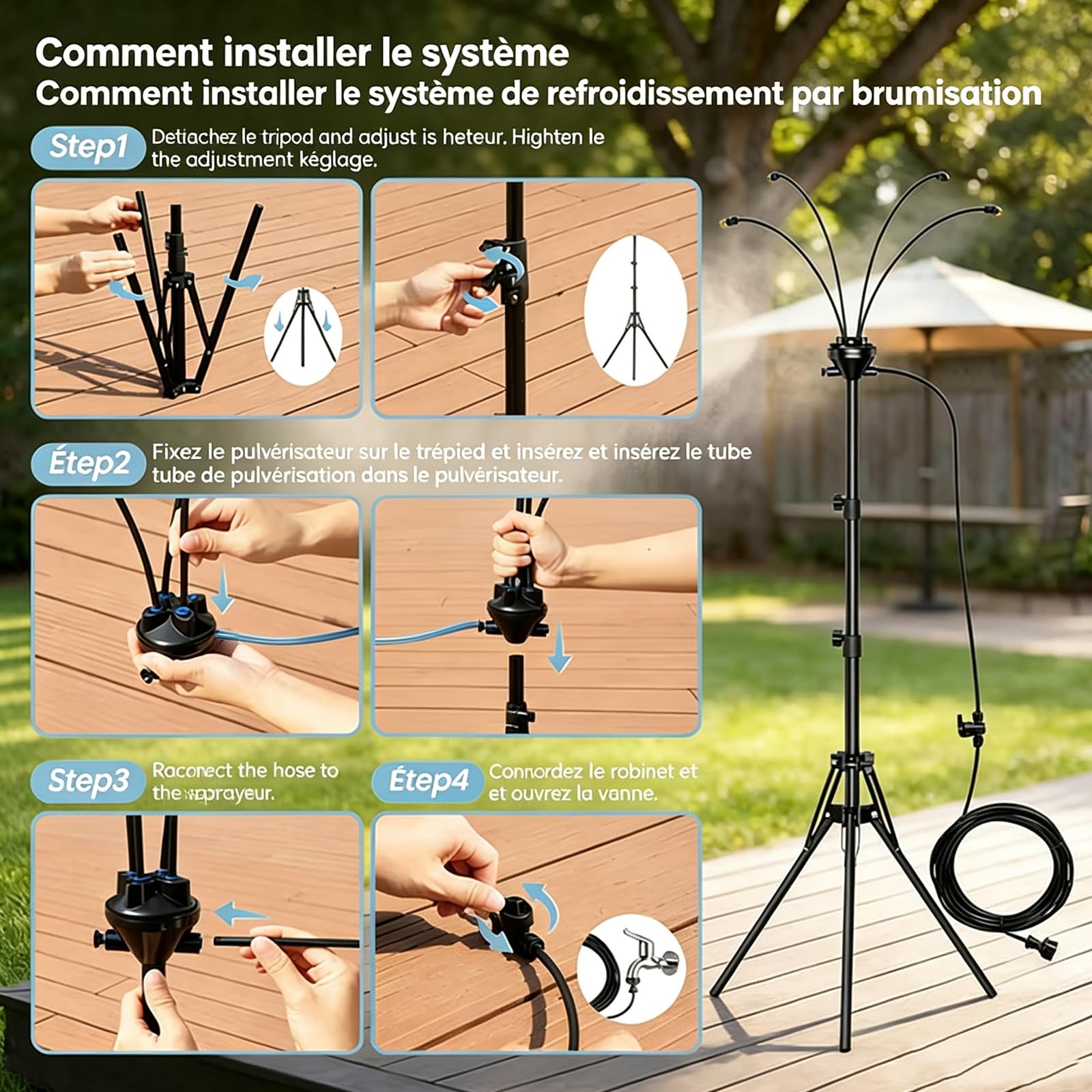 Brumisateur Terrasse sur Pied Réglable 0,8-1,6m avec Tuyau 8m，1pcs
