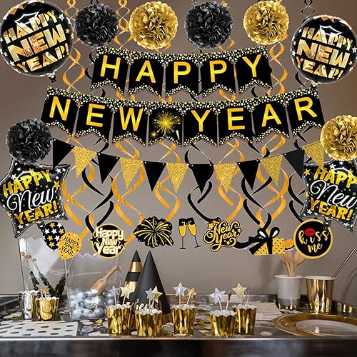 Miniatura 3 de Famoby Cartel de papel con texto en inglés Happy New Year con forma de triángulo, pompones y espirales para decoración de fiesta de Año Nuevo