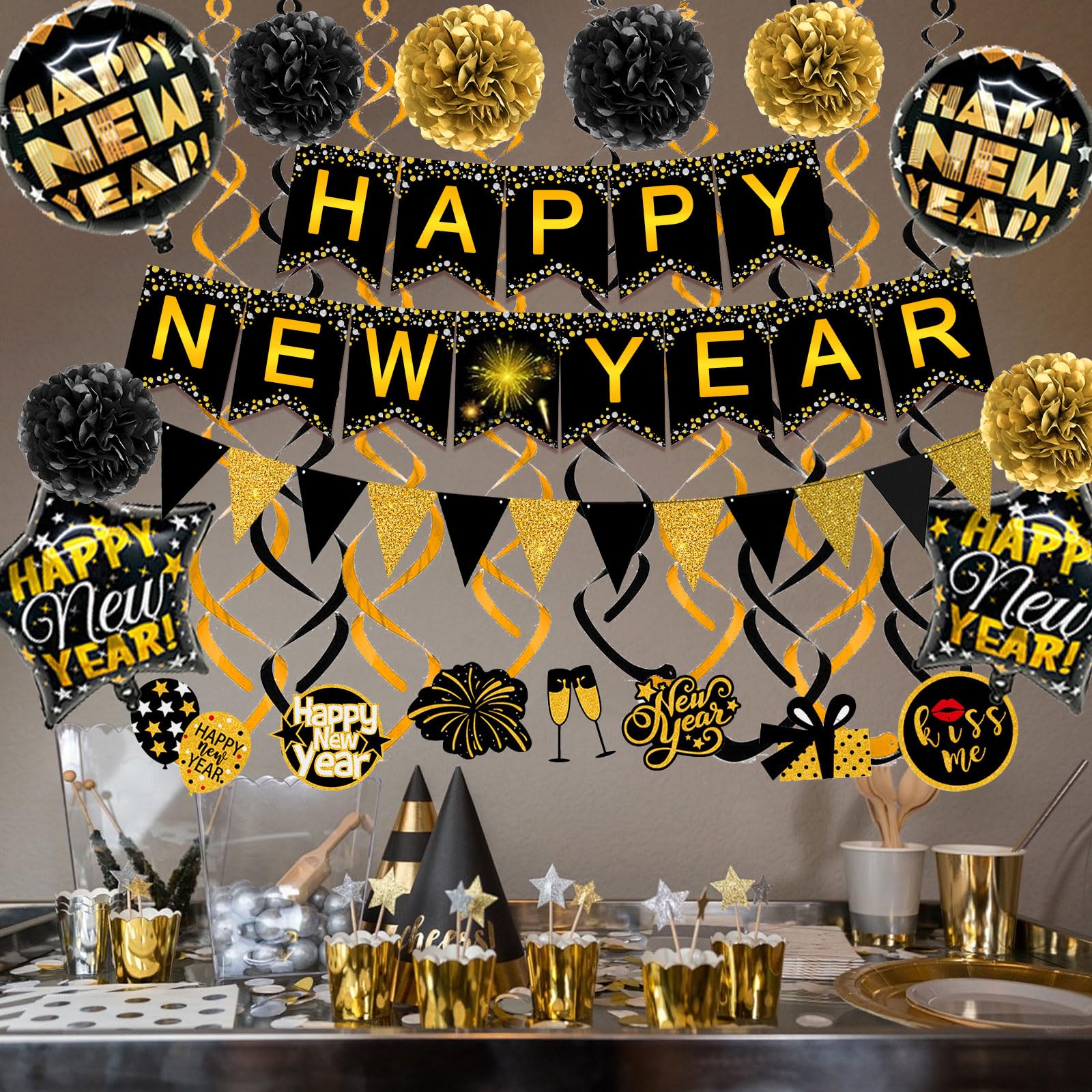 Famoby Happy New Year Paper Banner Triangle Flag Bunting Pom poms Swirls Streamers & Balloons for New year Party Decoration