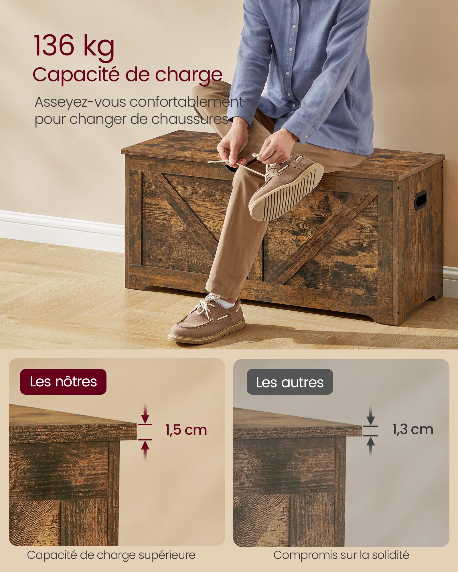 VASAGLE Coffre de Rangement, Banc Chaussures, Meuble Entrée, avec 2 Charnières de Sécurité, Imitation Grange, 40 x 100 x 46 cm, pour Couloir, Chambre, Salon, Marron Rustique LSB060T01